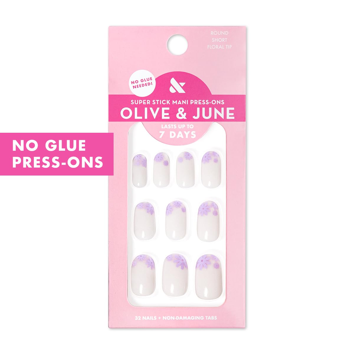 Olive & June Classic Super Stick Mani Press On Nails | No Glue Needed | 32 Tab Nails 16 Sizes | Non-Toxic Tabs Non-Damaging 7-Day Wear | Spring Flowers & Patterns| Short, Round| Floral Tip