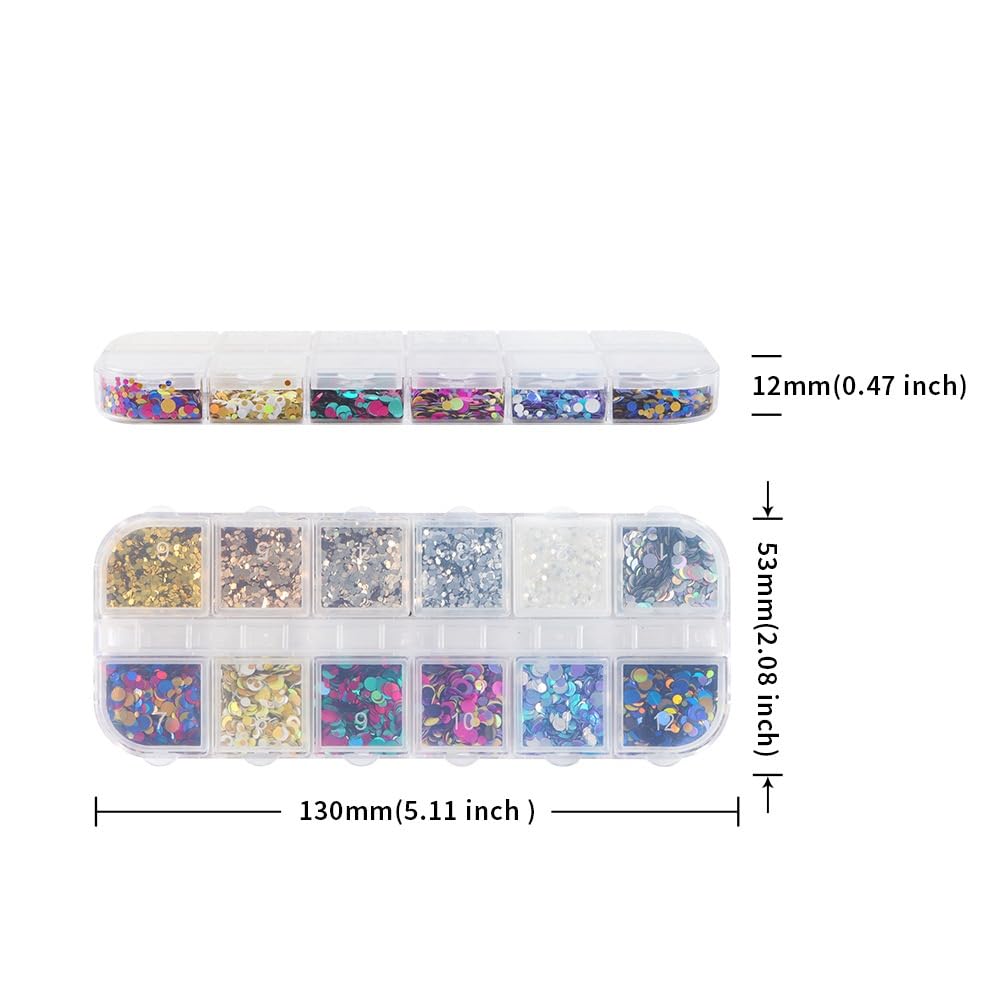 1 Box 12 Color Holographic Circle Nail Glitter Rings Nail Sequins 3D Silver Gold Nail Flakes Sparkly Glitter Flakes Shiny Nail Glitter Colorful Nail Sequins Glitter for Nails Art 12 Grids