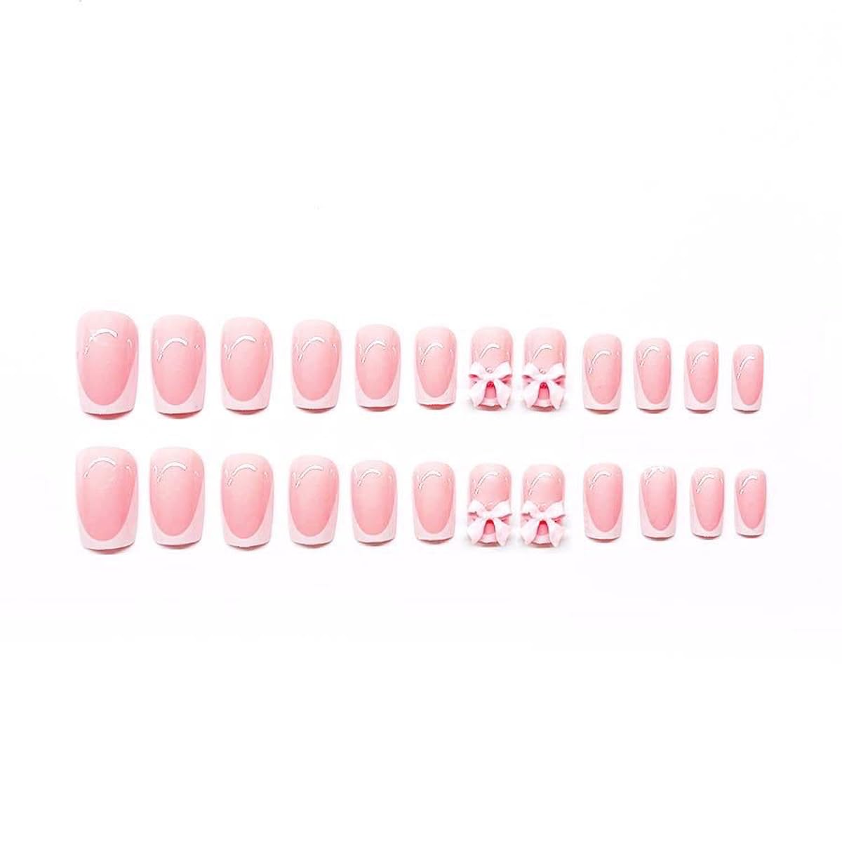 48Pcs White French Tip Press on Nails with Bow Charms & Press on Toenails Set Square Nail Press ons with 3D Charms Designs Pink Fake Nails Acrylic Nails Stick on Nails for Women Nail Decorations