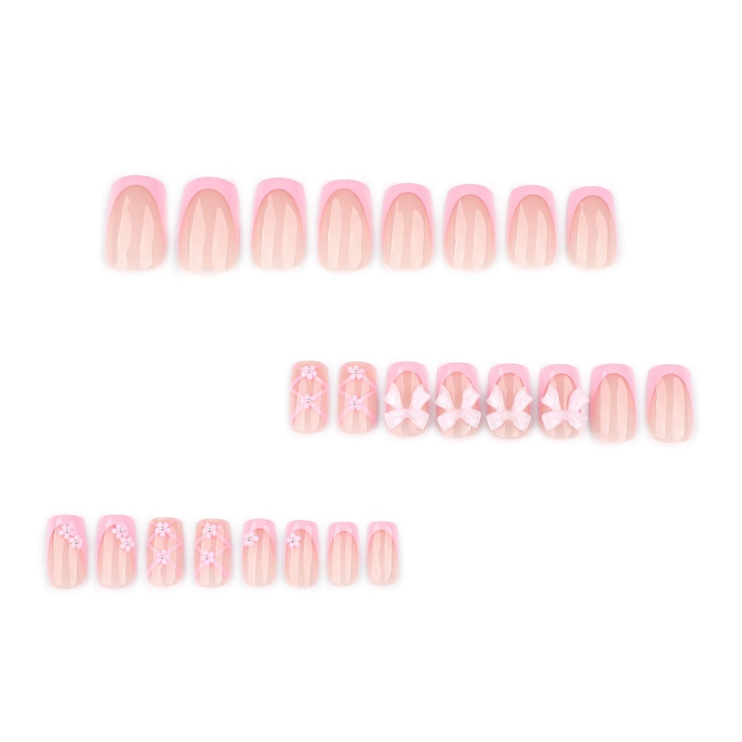Pink Press on Nails Bow Fake Nails French Tip False Nail Press ons Glossy Full Cover Flower Stick on Nail for Women Manicure 24Pcs