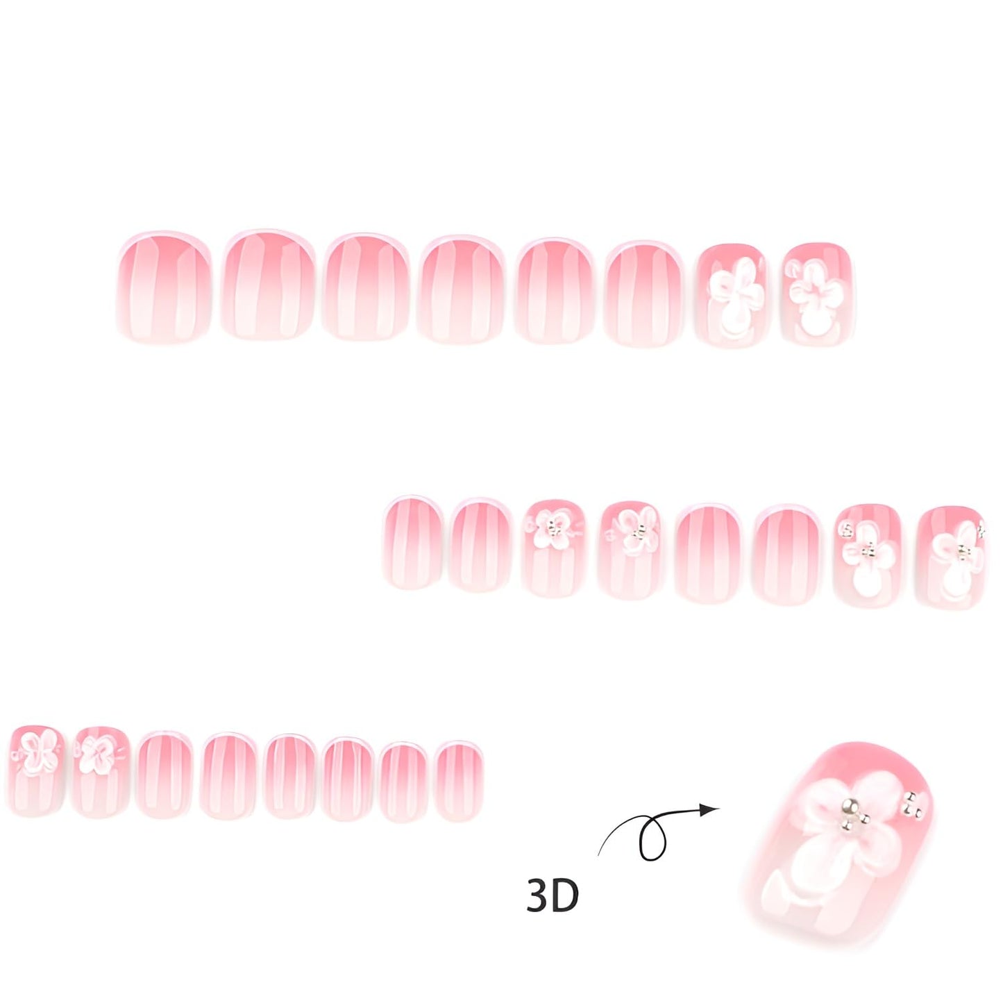 24Pcs Flower Press on Nails Short Square Fake Nails 3D pink Flower False Nails French Tip Nails Press Ons Glossy Full Cover Glue on Nail Gradient Stick on Nail for Women Decoration Set