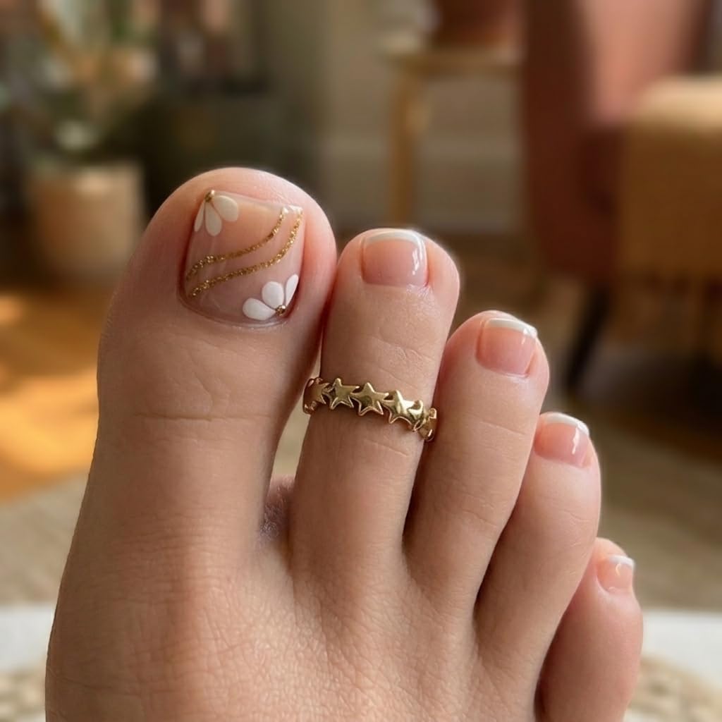 PEPFTG Pink Press on Toenails Short Square Fake Toenails with Flower Gold Line Design Stick on Nails French Tip Nails Press on Toenails Summer Acrylic Glue on Toenail for Women Manicure 24Pcs