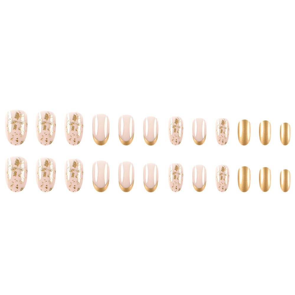 Gold French Tip Press on Nails Short Almond Fake Nails with Glitter Design - Glossy Full Cover Stick on False Nails for Women - 24 Pcs