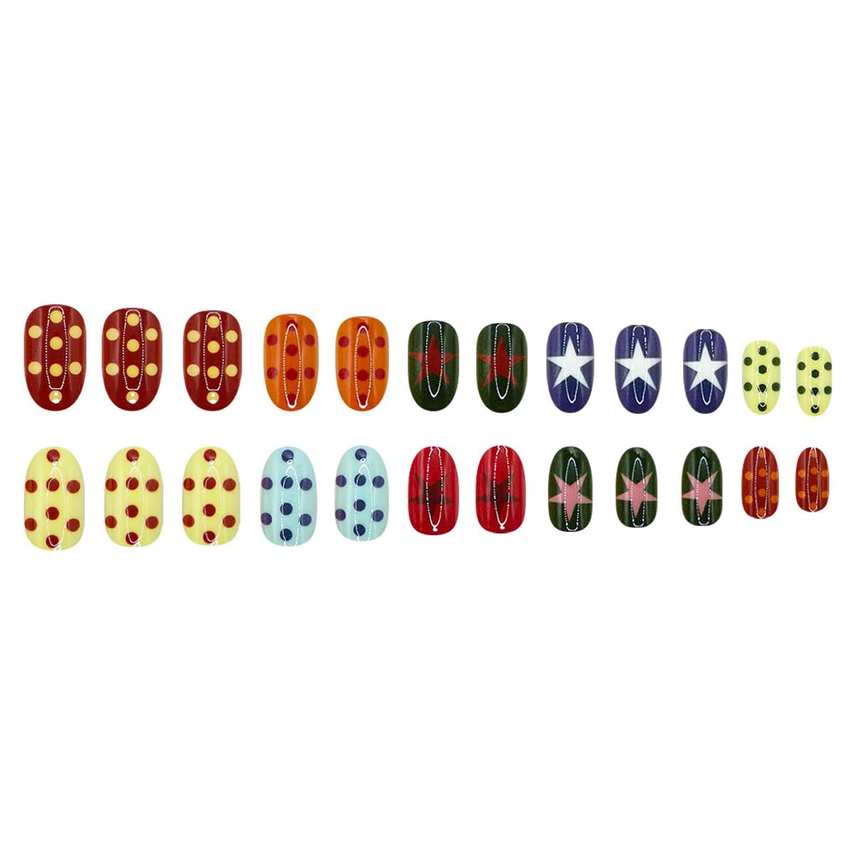 Oval Press on Nails Short, Colorful Star & Polka Dot Fake Nails Y2K Retro Style, Multicolor Full Cover Acrylic False Nails press ons for Women Girls, Cute Mix & Match Design 24Pcs