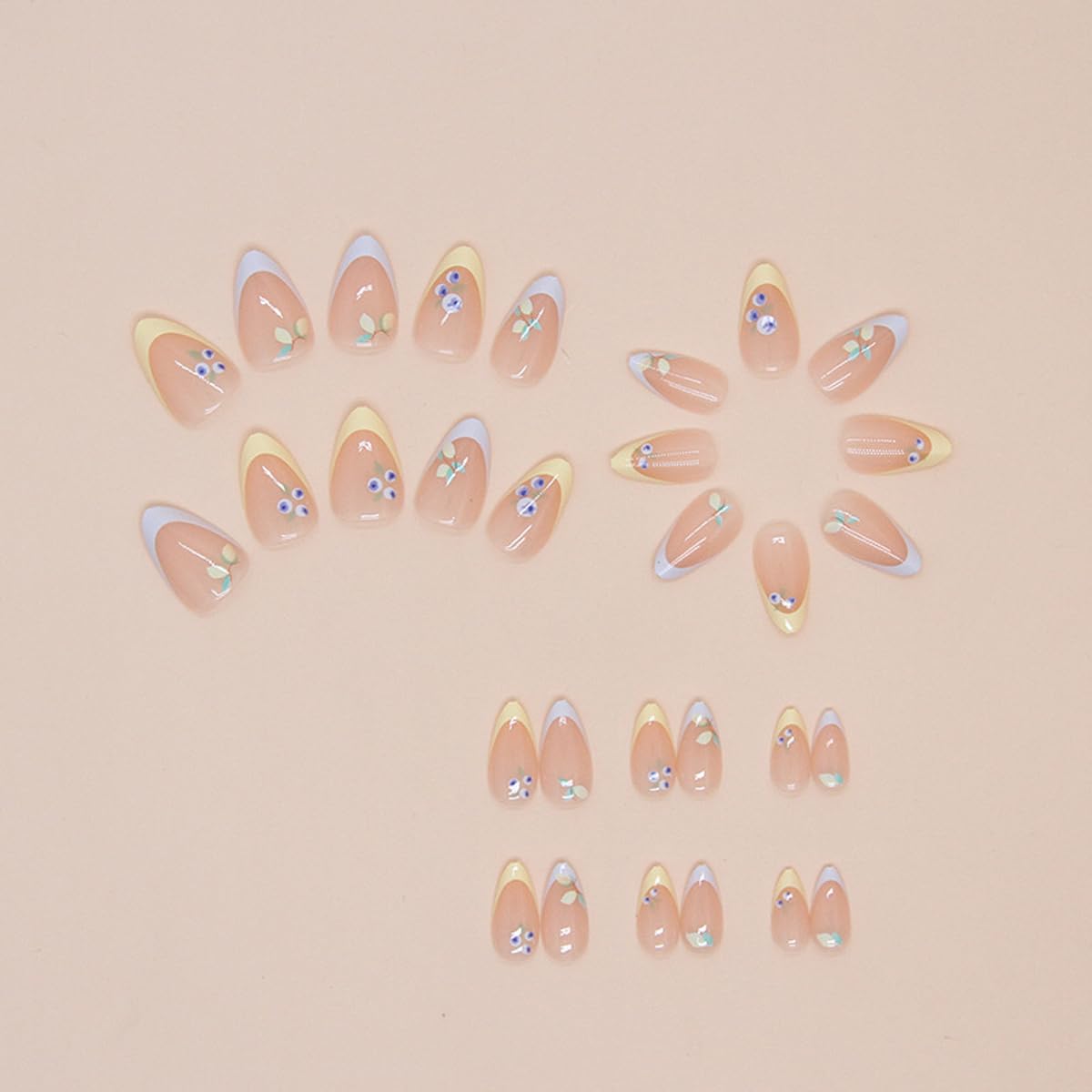 Fruit Press on Nails Short Almond Fake Nails Blue Yellow French Tip Nails Press ons with Blueberry Lemon Design Reusable Artificial Nails Full Cover Stick on Nails for Women Manicure 24Pcs