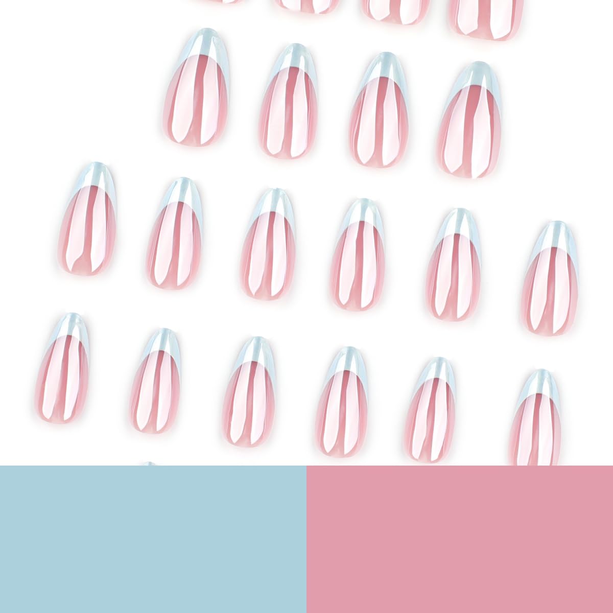 Blue French Tip Press on Nails Medium Almond Fake Nails Chrome Nails Press ons with Glazed Design,Summer Reusable Acrylic Nails Full Cover Glue on Nails for Women Manicure 24Pcs