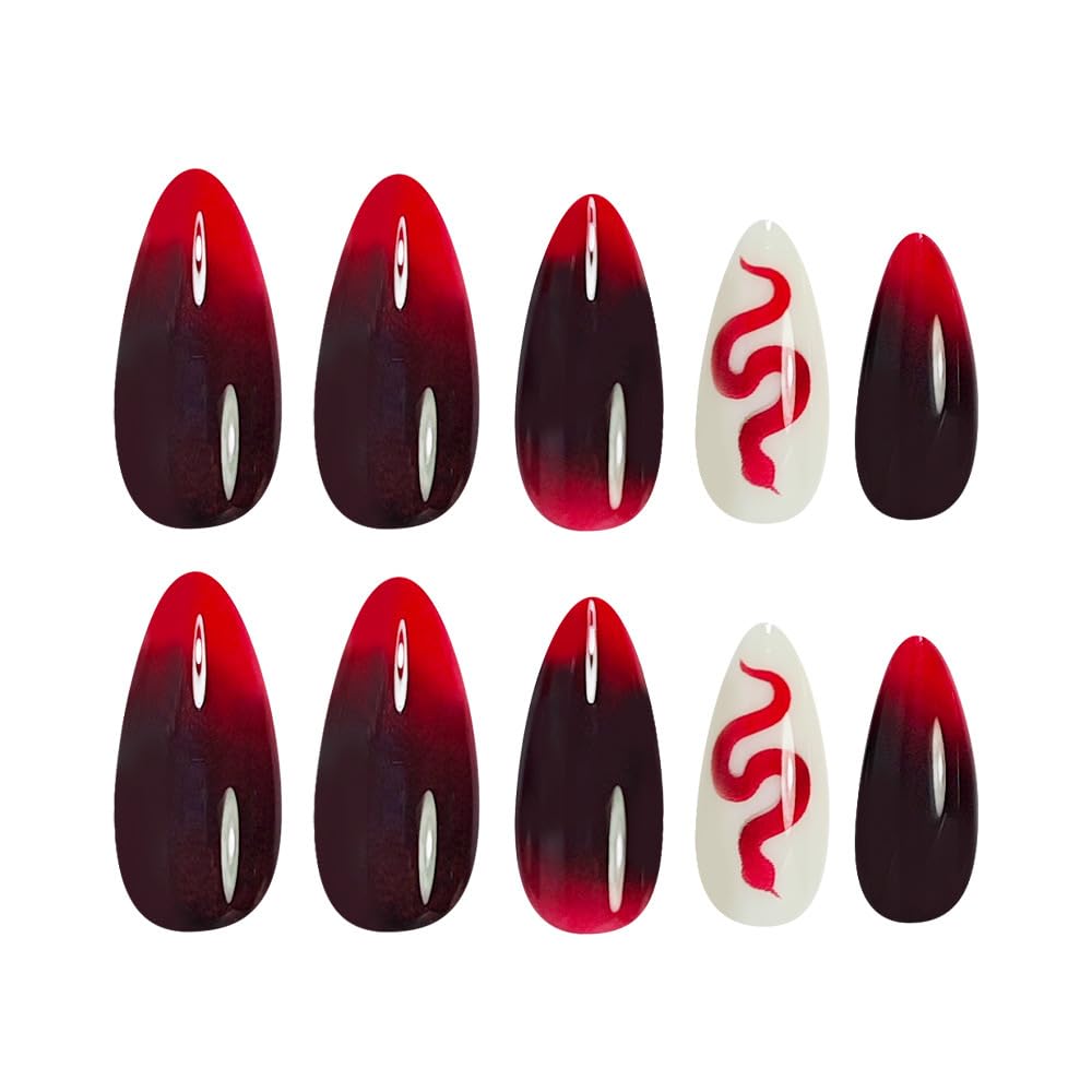 Press on Nails Medium Almond Fake Nails Ombre Red False Nails with Snake Glue on Nail Glossy Reusable Full Cover Gradient Burgundy Red Halloween Nails for Women Girls Manicure 24Pcs