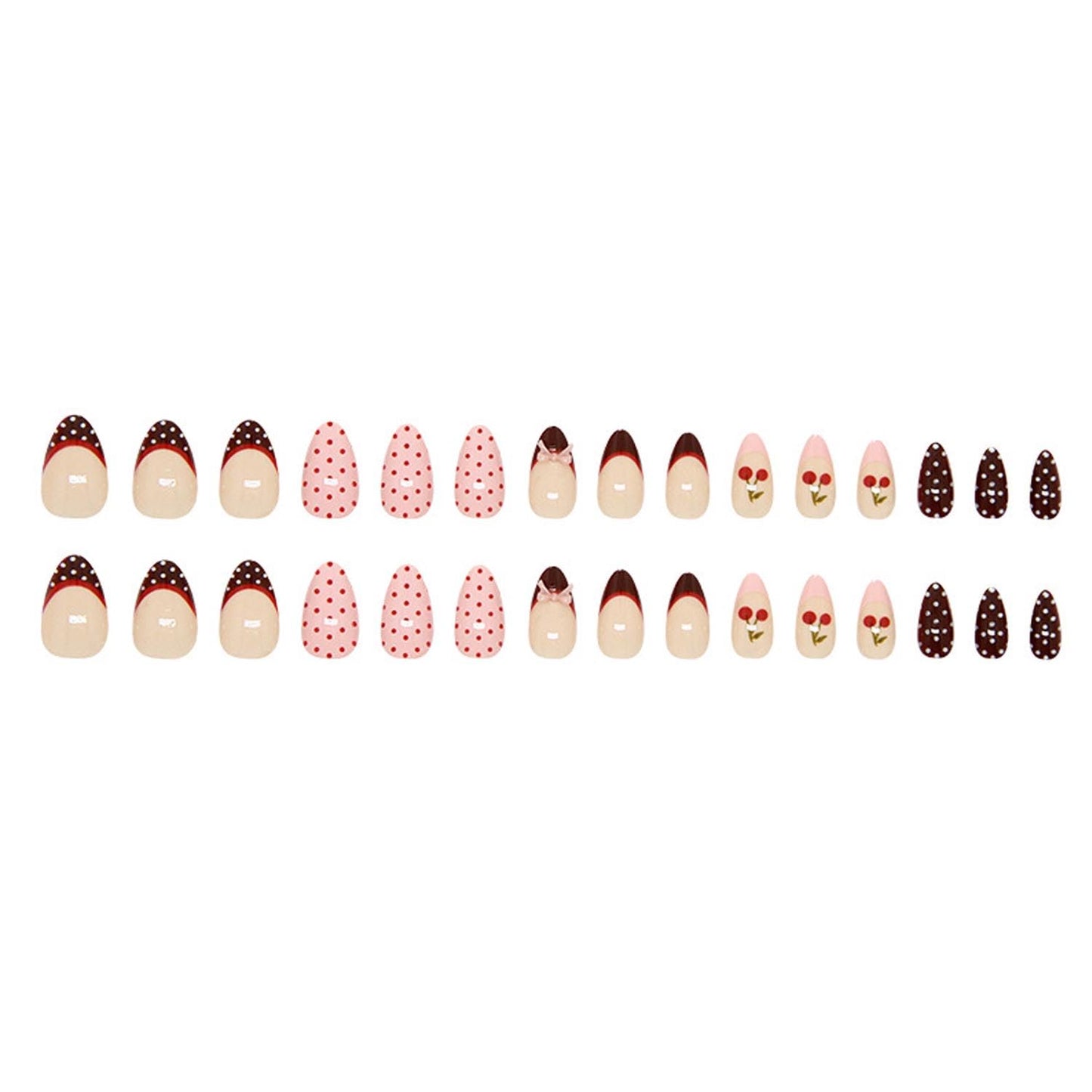 30Pcs Cute Pink Press on Nails Short Almond Fake Nails with French Polka Dot Bow Cherry Pattern Design Nude Glossy Red French Nails Tip Full Cover Artificial Nails for Women DIY Nails Daily Wear