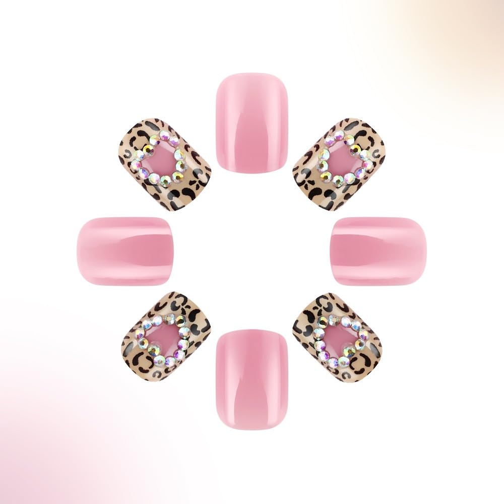 Press on Nails Short Square - Pink Fake Nails with Leopard Print Design - Heart Rhinestone Full Cover Stick on Winter False Nails for Women 24 Pcs