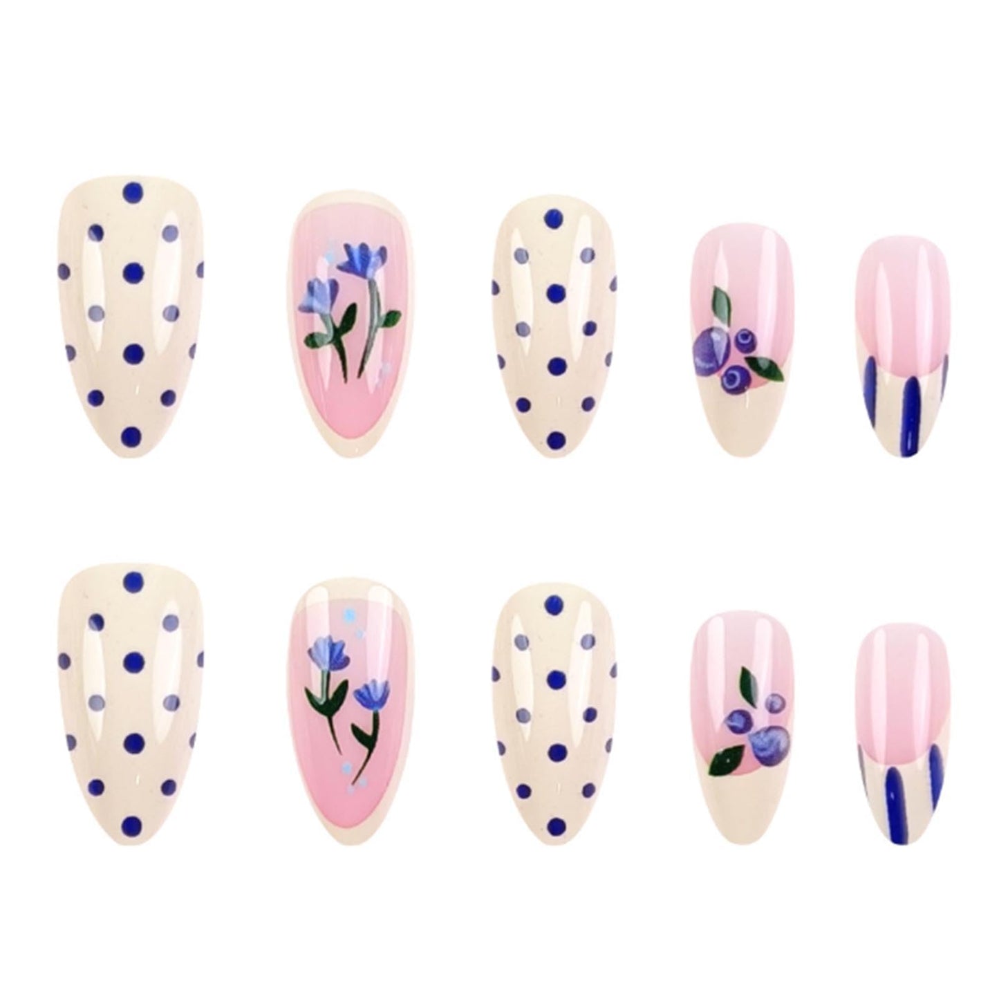 DANMANR Short Press on Nails Almond Fake Nails Full Cover Flowers Polka Dots Acrylic French False Nails for Women and Girls 24PCS