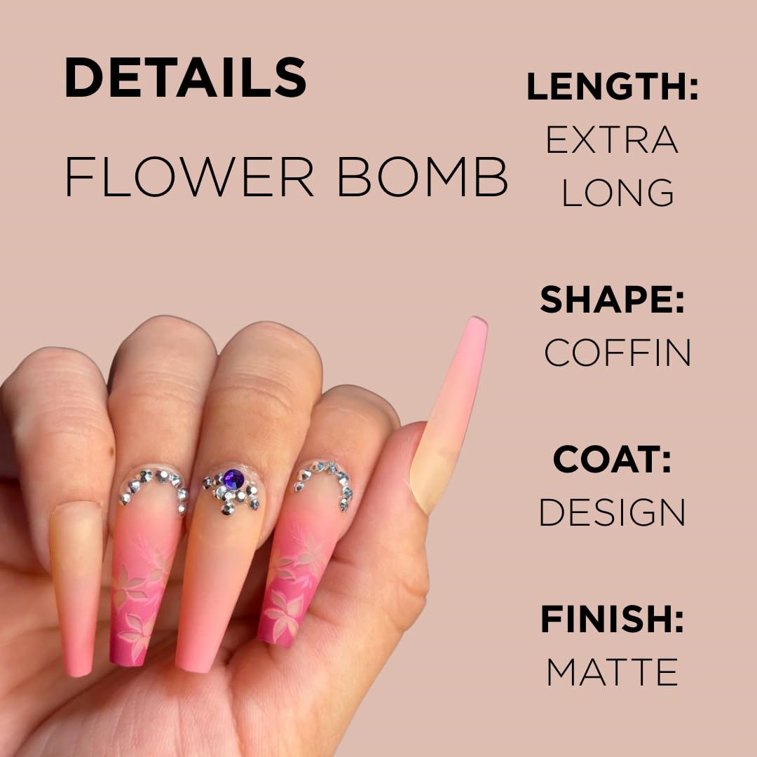 FLOWER BOMB Press-On Nails by Lavaa Beauty | Extra-Long | Purple/Violet/Pink Exotic Flower Nail Design with Gems