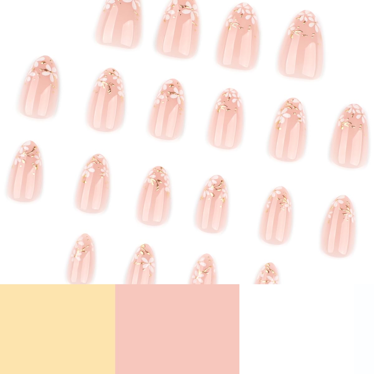 Flower Press on Nails Short Almond Fake Nails Spring Nails Press ons with White Floral and Gold Leaves Design Reusable Artificial Nail Full Cover Stick on Nails for Women Manicure 24Pcs