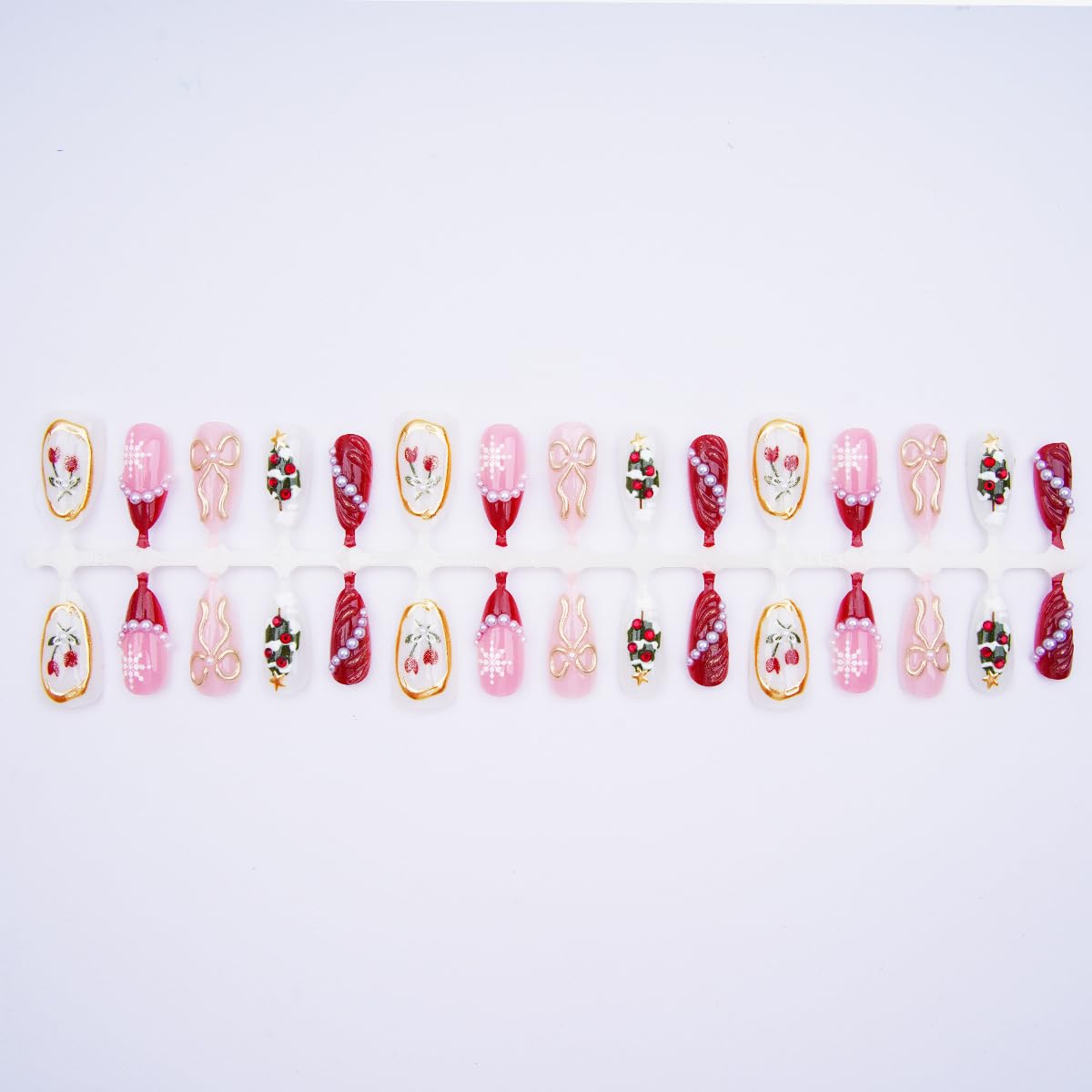 30Pcs Christmas Press on Nail Red French Tip Almond Fake Nail with 3D Pearl Designs Snowflake Full Cover Stick on Nails Flower Gold Bow Xmas False Nail Winter Medium Glue on Nails for Women