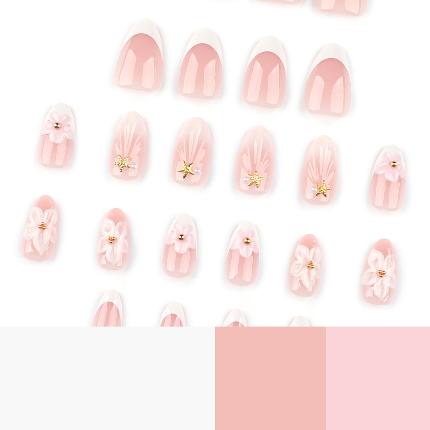 24Pcs Pink Flower Press on Nails Medium Almond Fake Nails with Glue White French Tip False Nails with 3D floral Starfish Pearl Design Cute Almond Nails Press ons Reusable Stick on Nail for Women