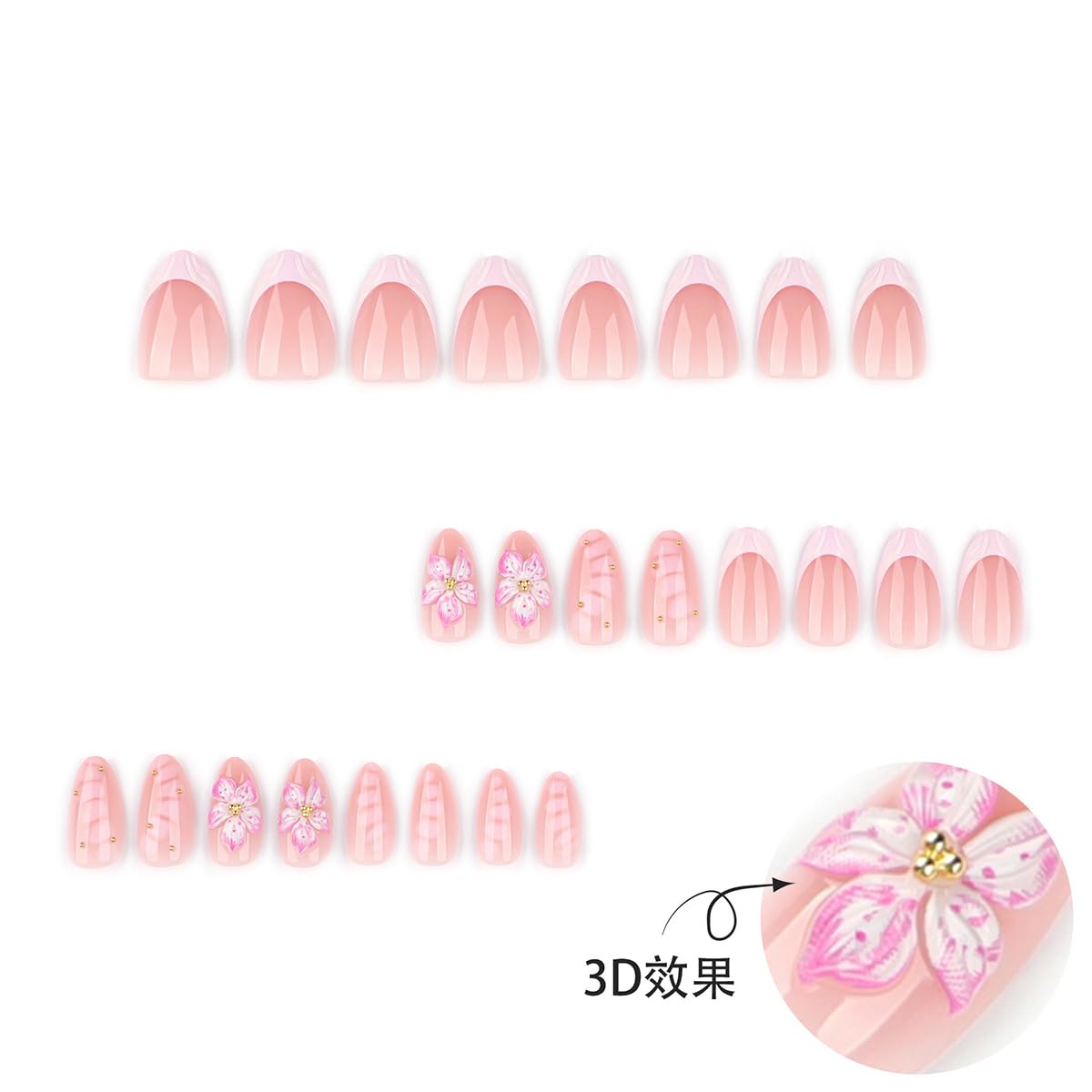 24Pcs French Tip Press on Nails Short Almond 3D Cherry Blossom Fake Nails Nude Pink False Nails with Gold Rhinestones Design Reusable Acrylic Glue on Nails for Women Wedding Party Daily DIY Manicure