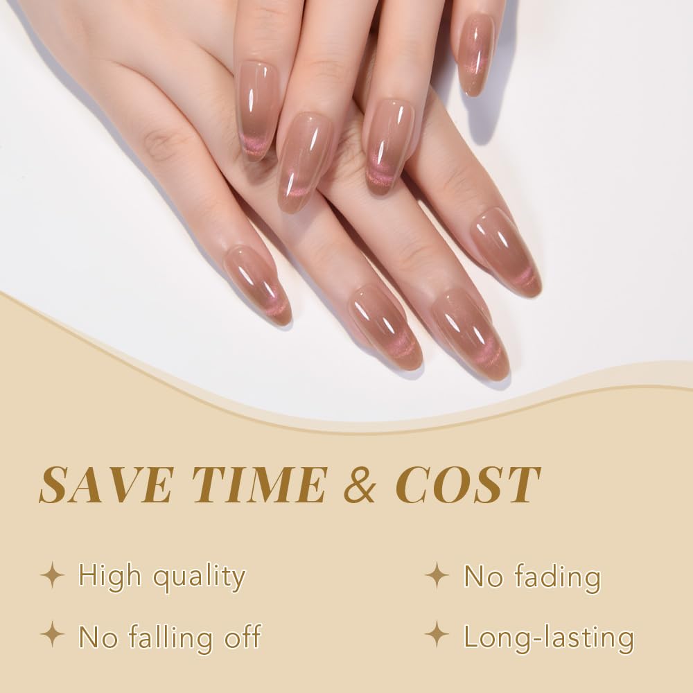 XZMeiLun Cat Eye Nude Smile Press On Nails Medium Almond, Designer Reusable Acrylic Fake Nails with Glue, Glossy Soft Gel Nails Wedding and Party, Stick On Glue On Nails, Nails Press Ons for Women