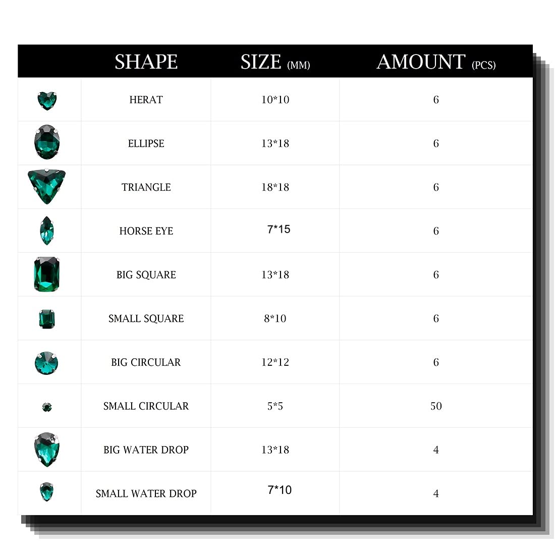 TANOSII Sew on Rhinestones 100 PCS Mixed Shapes Glass Rhinestones Sew on Crystal Gems Mental Flatback with Silver Claw for Jewelry Crafts Clothes Shoes Costume Garment Malachite Green