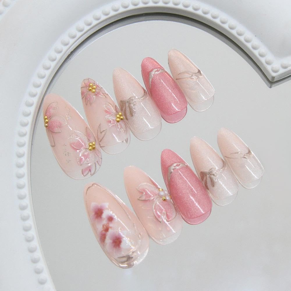 Medium Almond Press on Nails Pink False Nails with 3D Pearl Flower Design Glossy Gold Lines Fake Nails Glitter Stick on Nails Full Cover Light Pink Glue on Nail for Women Girls Manicure 24Pcs
