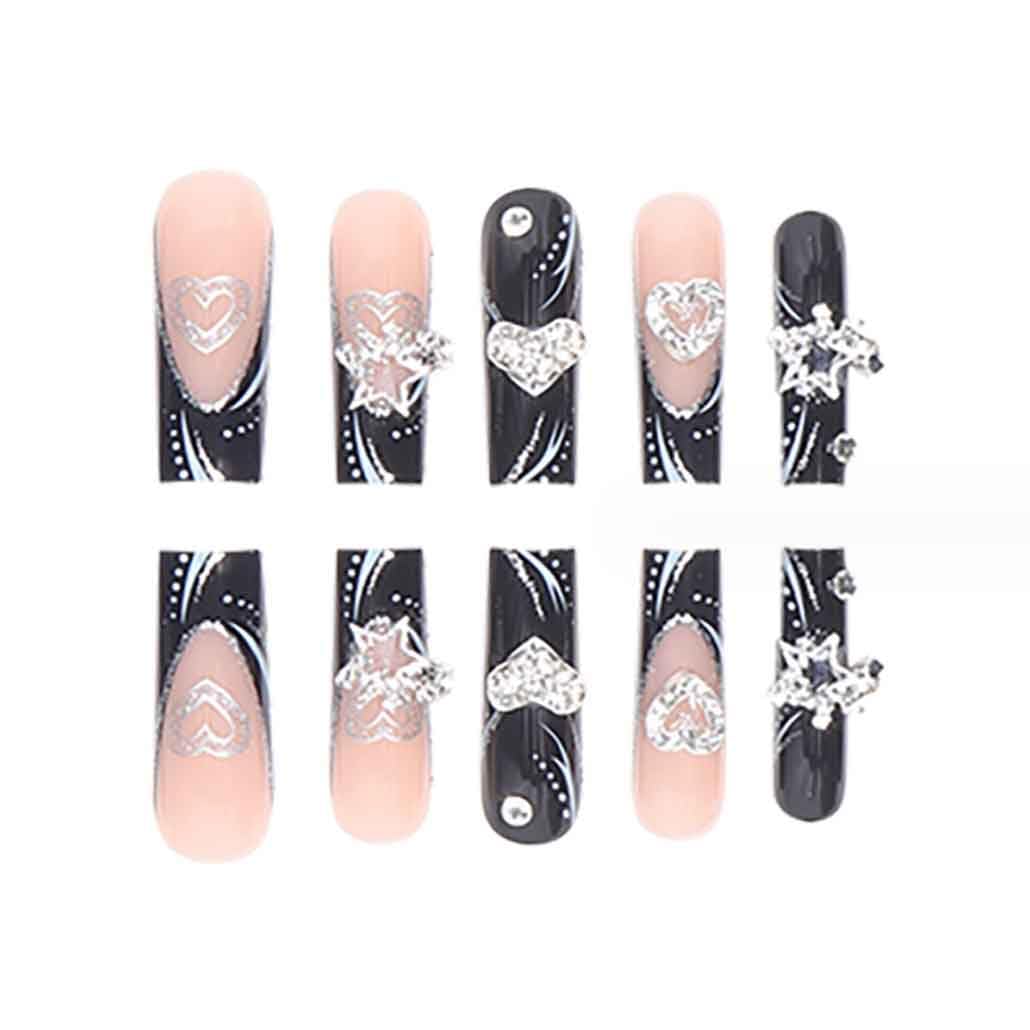 Foccna Press on Nails Long Rhinestone Fake Nails Black Square Bling Glossy Artificial Nails Finger Manicure for Women and Girls-24pcs (Long Nails 2)