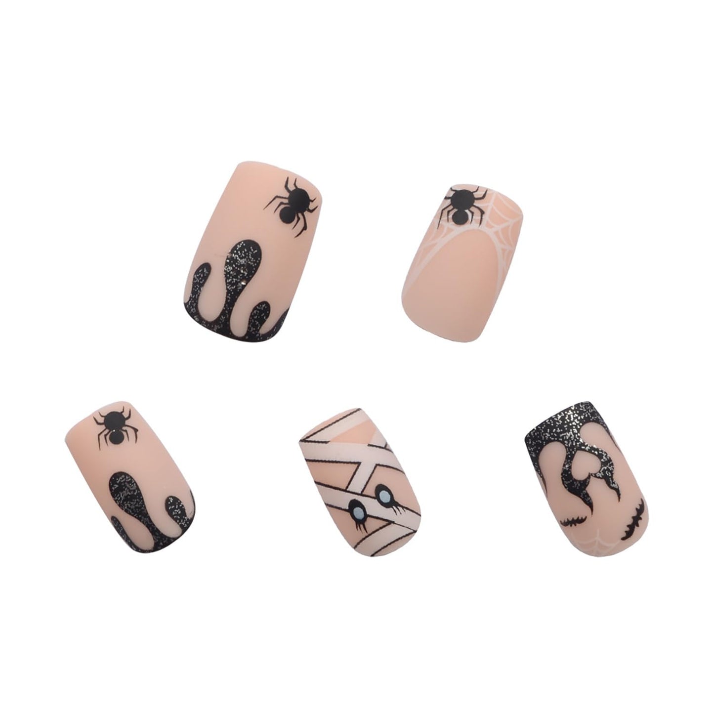 Press on Nails Halloween Square French Tip Fake Nails Mummy and Cobweb Designs Stick on Nail Nude Color Acrylic Nail Halloween Glue on Nails Full Cover Matte False Nails for Women Girls 24Pcs