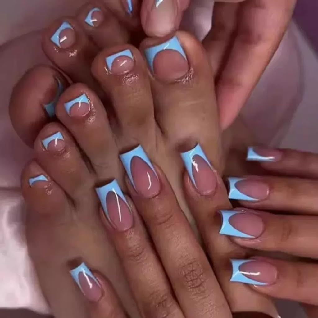 CTTHNBD Medium Press on Nails & Square Press on Toenails Set, Blue French Tip Fake Nails, Glossy False Toenails - for Women 48 Pcs