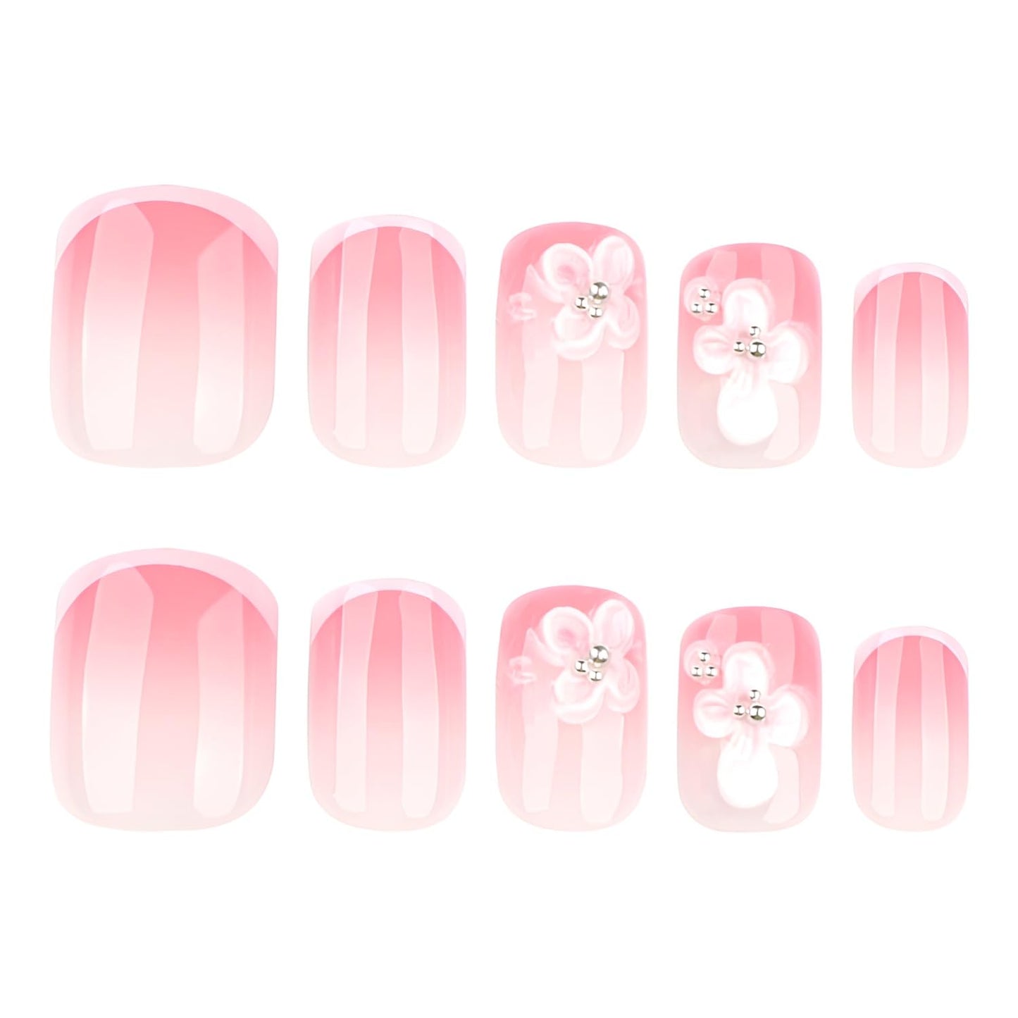 24Pcs Flower Press on Nails Short Square Fake Nails 3D pink Flower False Nails French Tip Nails Press Ons Glossy Full Cover Glue on Nail Gradient Stick on Nail for Women Decoration Set