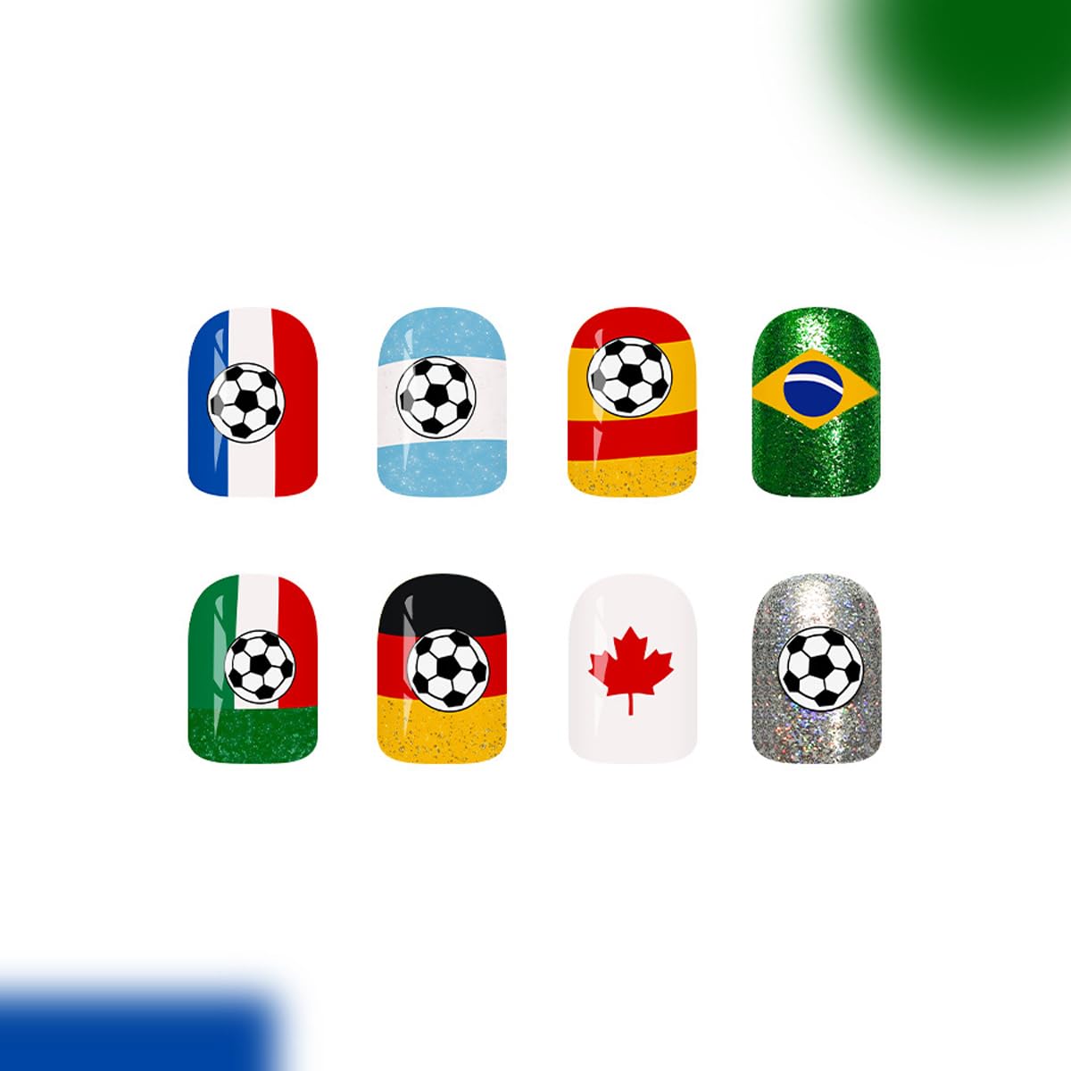 World Cup Soccer Press on Nails 4th of July, Short Square Fake Nails Glitter Acrylic False Nails with Soccer Ball Multi National Flags Designs Full Cover Glue on Nail for Women 24Pcs