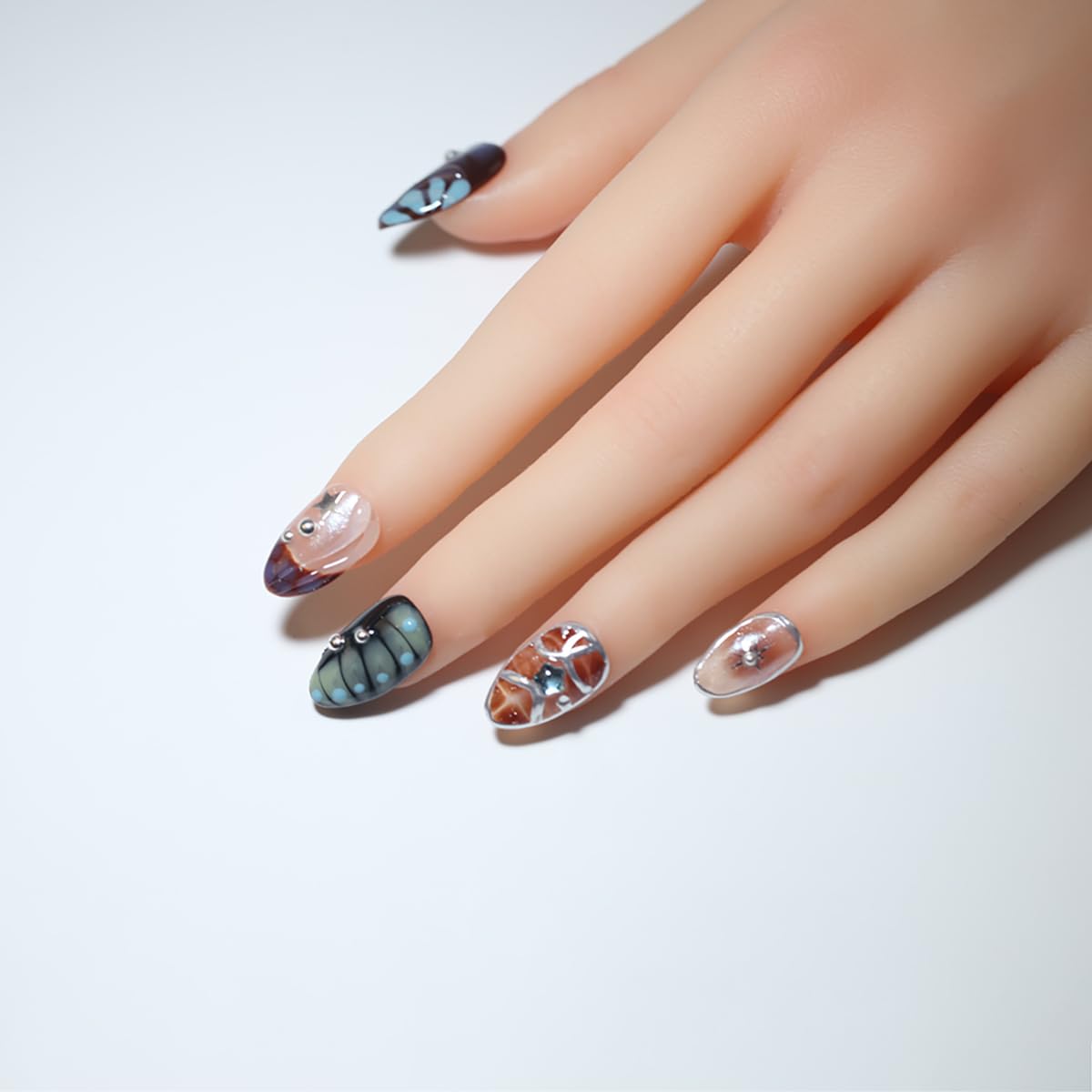 10 Short Almond Handmade Press On Nails | 3D Floral Dopamine Sweet & Edgy Design with Snake Pattern, Marbling & Silver Gilding | Skip Salon Trips, Easy to Apply & Remove, Reusable(251112, S)