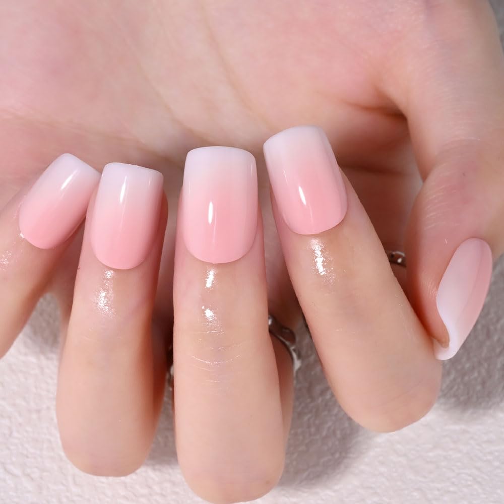 XZMeiLun Pink White Ombre Press on Nails, Short Square Acrylic Fake Nails Design, Natural Reusable Nails Kit for Women DIY False Nail Art Decoration Gift, Salon Quality Reusable 15/30 Pcs