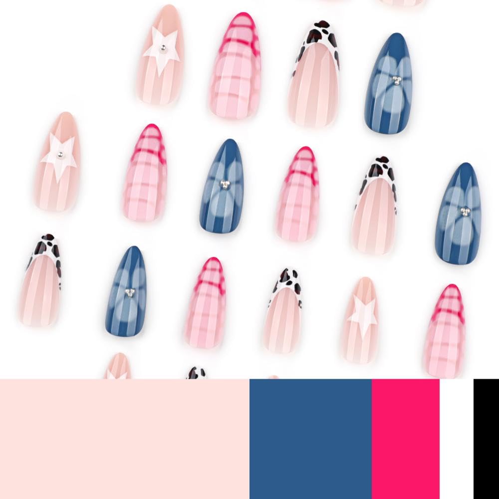 Medium Almond Press on Nails Rhinestones False Nails with 5D Pearl Star Design Blue Flower Fake Nails Glossy Leopard French Tip Stick on Nails Pink Crocodile Glue on Nail for Women Manicure 24Pcs