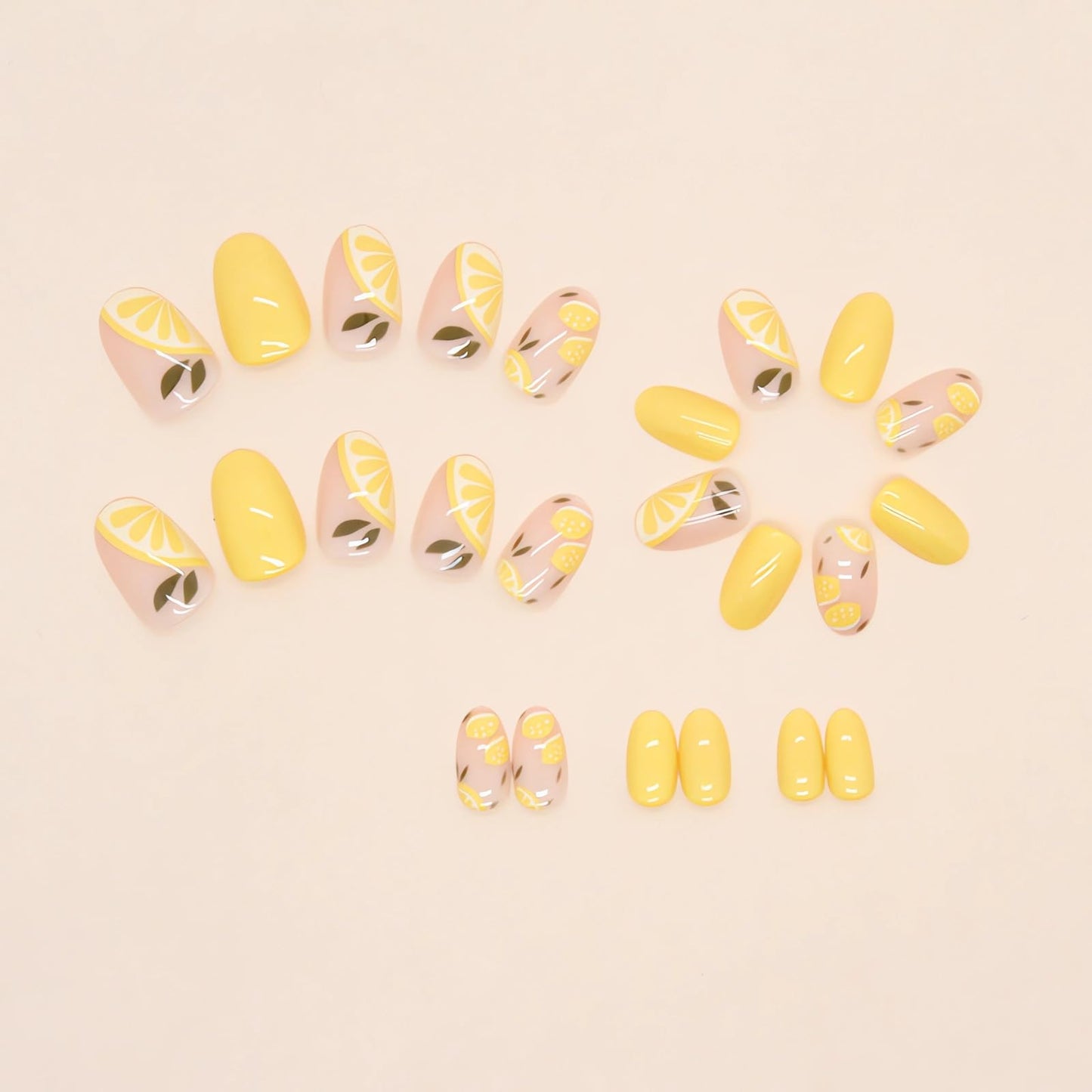 IMSOHOT Yellow Oval Press on Nails Summer Short French Tip Fake Nails Cute Lemon Pattern False Nails with Designs Glossy Full Cover Round Acrylic Nails for Women Girls 24Pcs