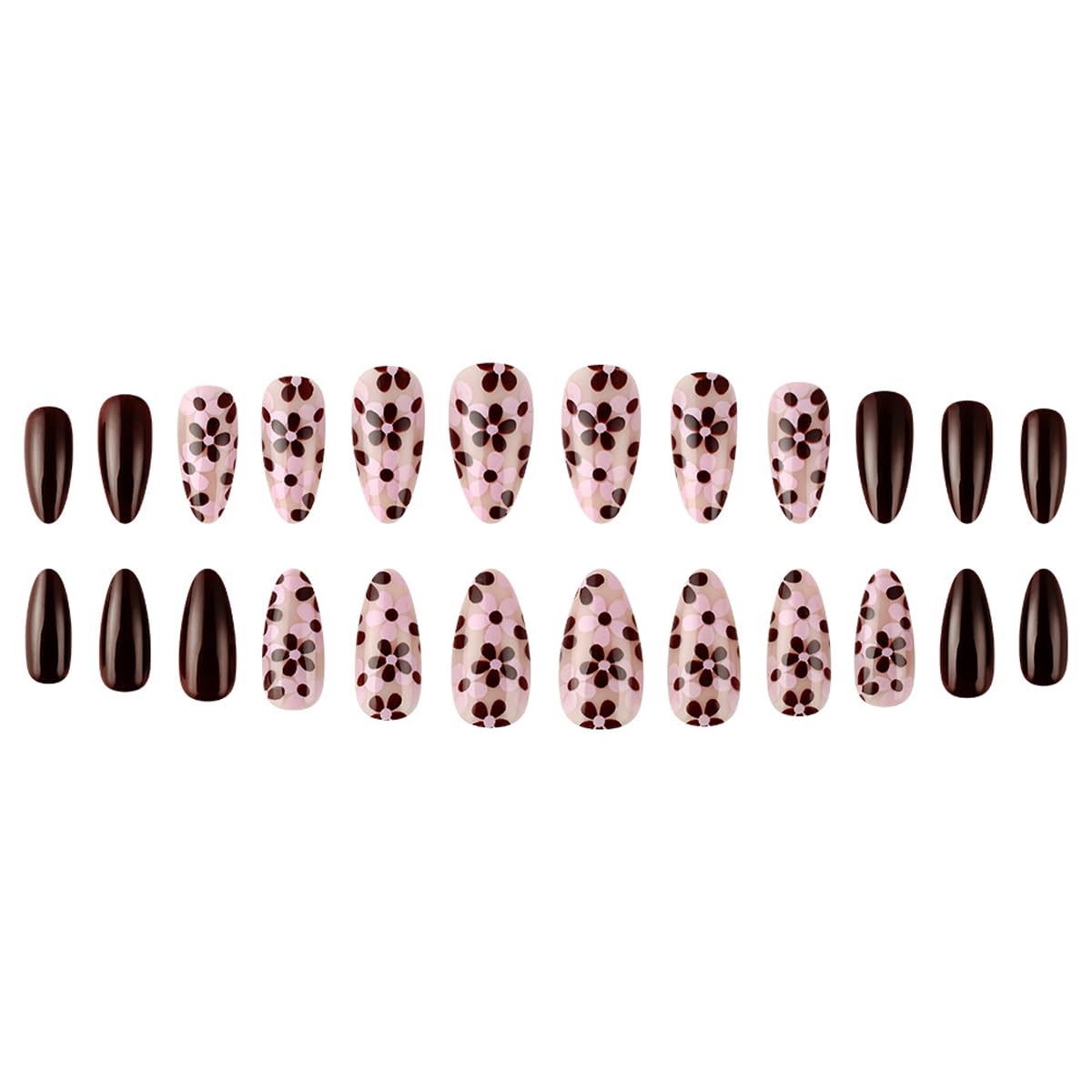Flower Press on Nails - Short Almond Fake Nails Press ons with Floral Designs, Brown Nails Glossy Acrylic Nails Full Cover Glue on Nails for Women Manicure 24Pcs