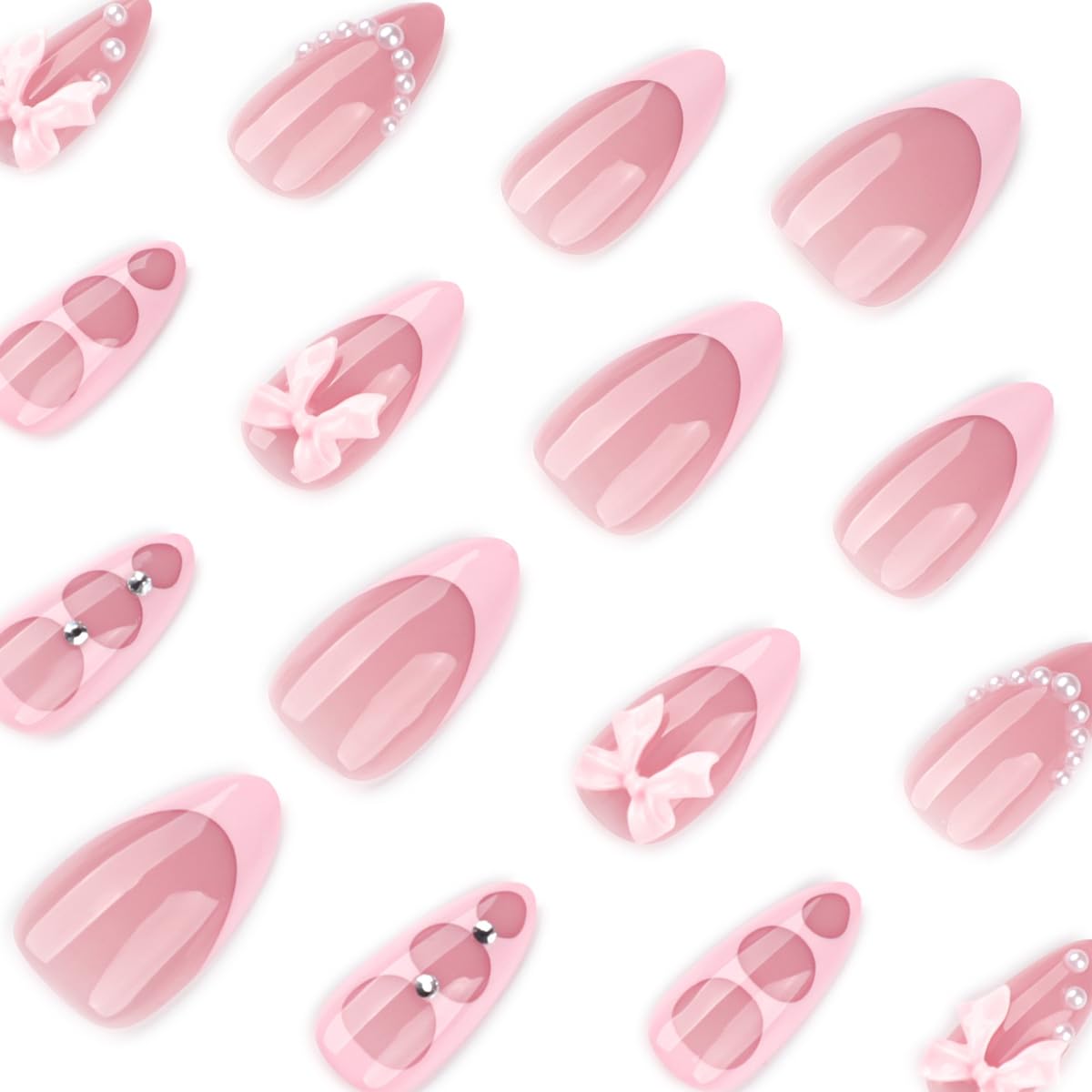 Press on Nails - Pink French Tip with 3D Bow & Pearls, Medium Almond Glossy Fake Nails, Full Cover Manicure Kit for Women, 24PCS Glue-on
