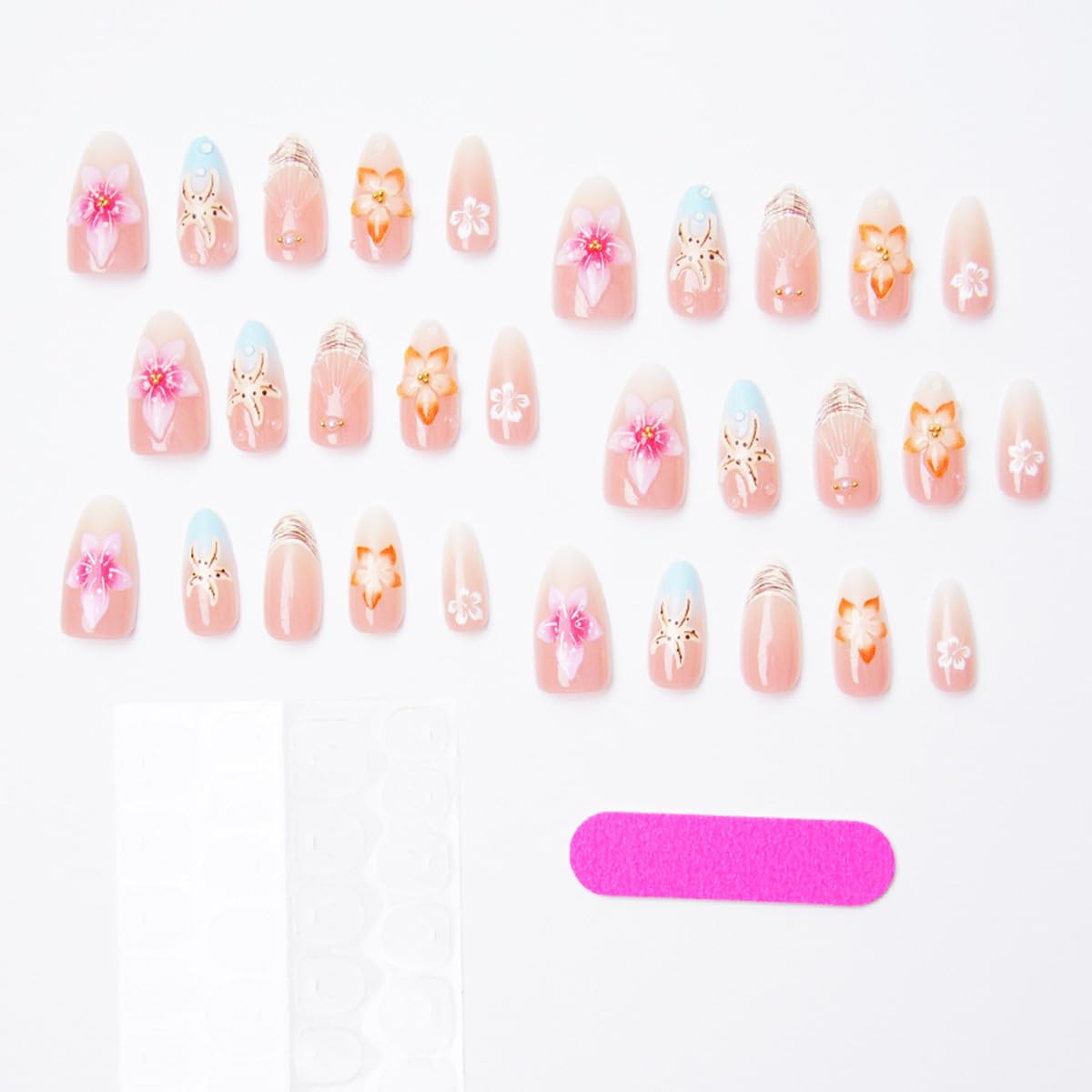 30Pcs Pink Flower Press on Nails Medium Almond Fake Nails 3D Floral with Gold Beads Design Polka Dot French Tip False Nails Cute Kawaii Stick on Nail Reusable Spring Summer Press Ons for Women Acrylic