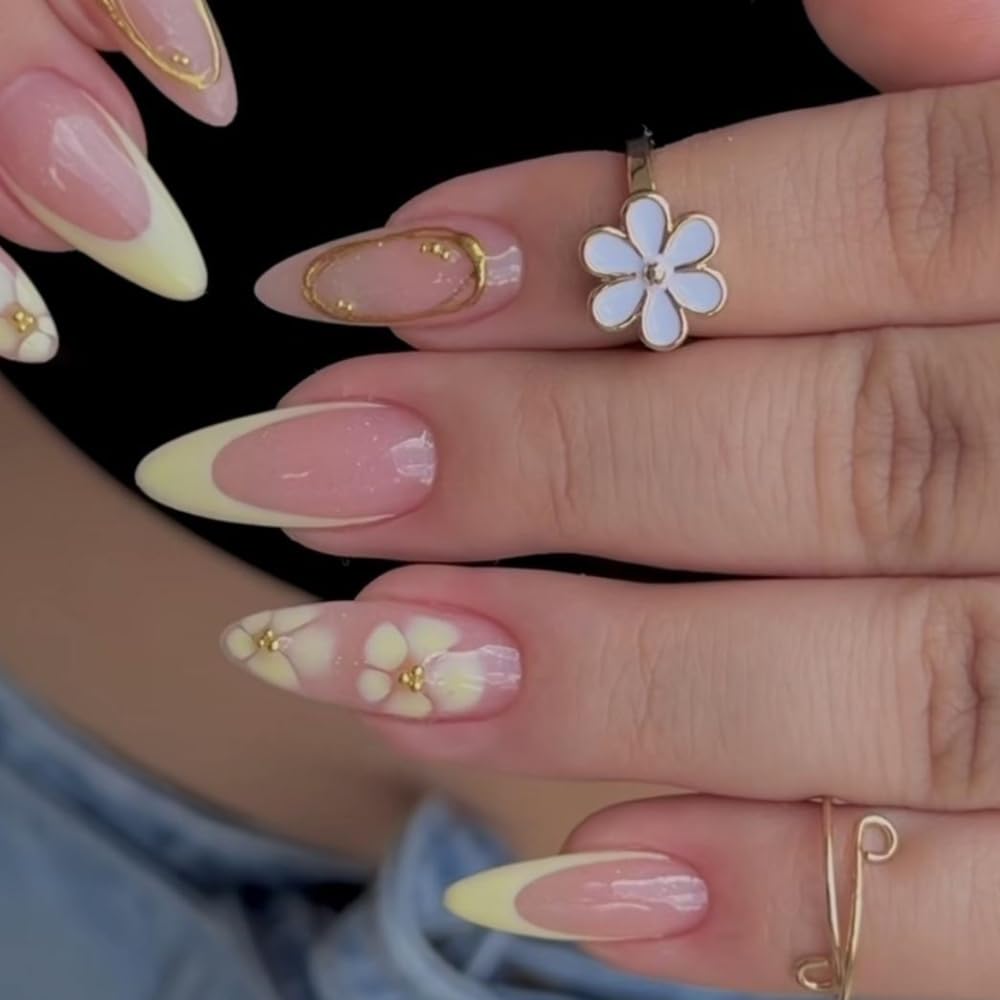 French Tips Press on Nails Medium Almond Fake Nails with Yellow Flower Design Glossy 5D Gold Lines Glue on Nail Floral Nails Press ons Reusable Full Cover Spring Summer Nail for Women Manicure 24Pcs