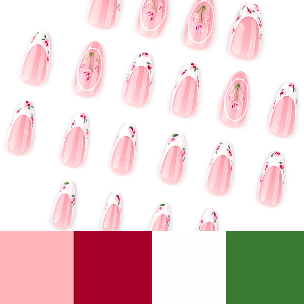 Press on Nails and Toenails Set - 48Pcs Medium Almond French Tip Fake Nails, Nude Pink Base with Tulip Floral Design, Reusable Glue on Nails for Women, Spring Summer Manicure & Pedicure Nail Kit