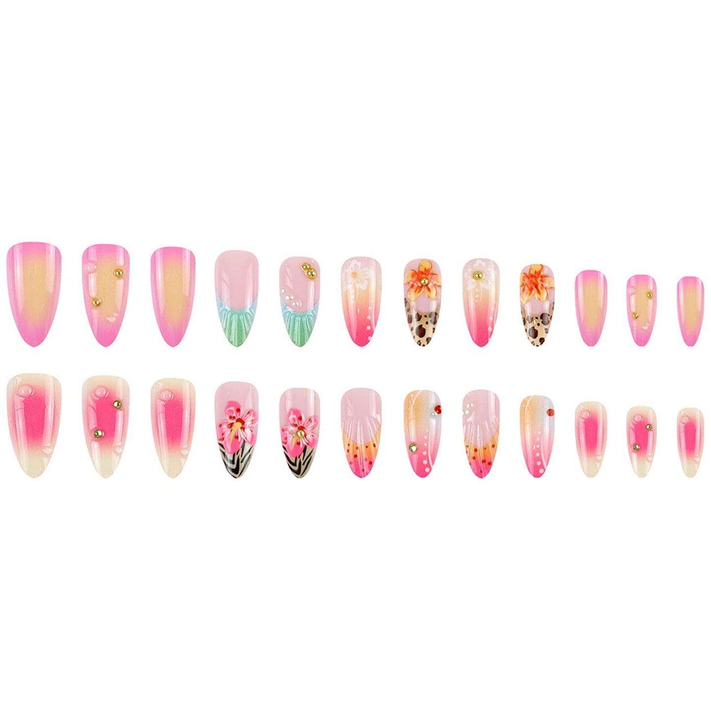 24pcs Handmade Press on Nails Summer Pink Flower Fake Nails French Tip Rhinestones Design Hawaii False Nails beach Short Stick on Nails Full Cover Artificial Glue on Nails for Women Summer Kit