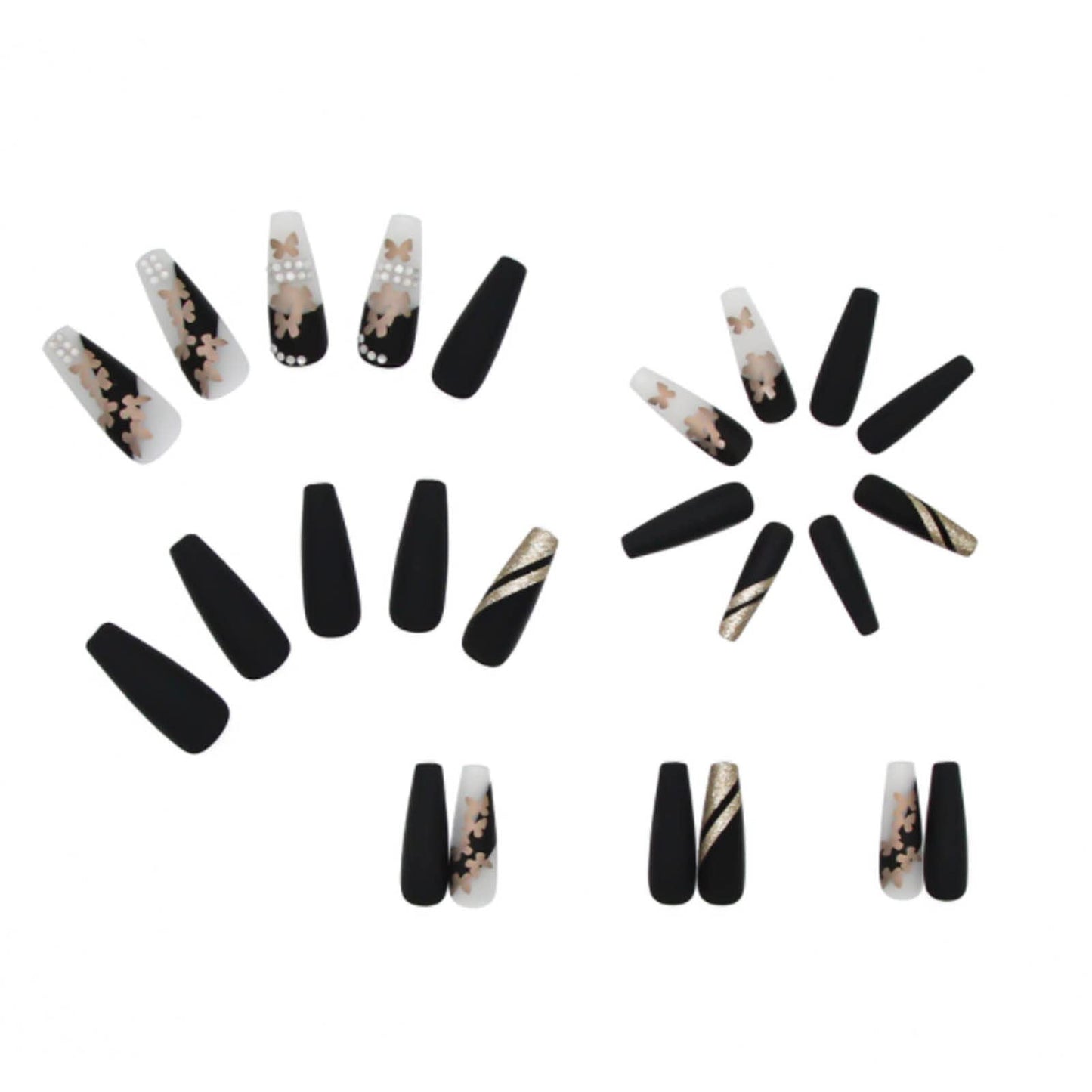 DANMANR Long Press on Nails Square French Fake Nails Full Cover Nude Acrylic False Nails for Women and Girls 24PCS (Black Gold Butterfly)