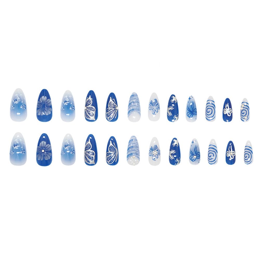 24 Pcs Summer Press on Nails Short Almond,MINGCHUN Blue Chrome Fake Nails Press ons Acrylic Nail Art Tips Kit Full Cover False Nails Glue on Nails with 3D Shell Flowers Design for Women Nail Supplies