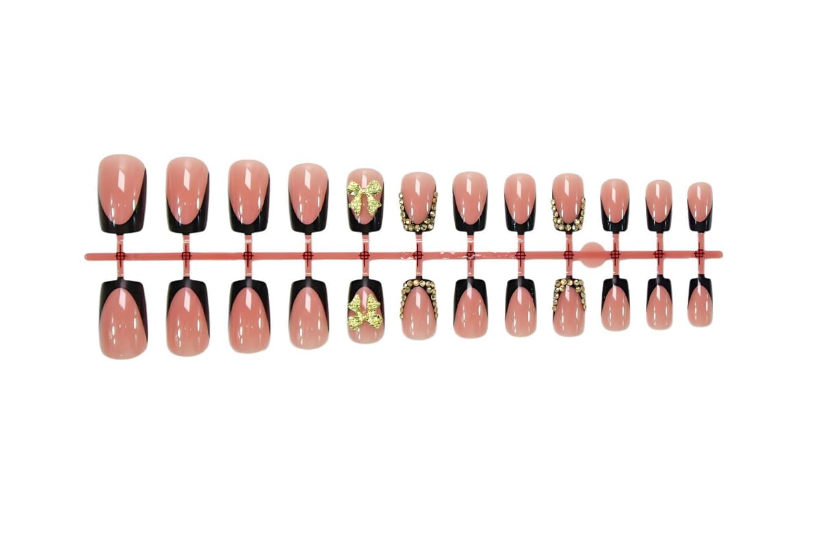Bow Press on Nails Short Square Nail Press ons Black French Tip Fake Nails with Rhinestone Design Glossy Full Cover Glue on Nail Artificial Acrylic Stick on Nails for Women Nxtpz Manicure 24Pcs