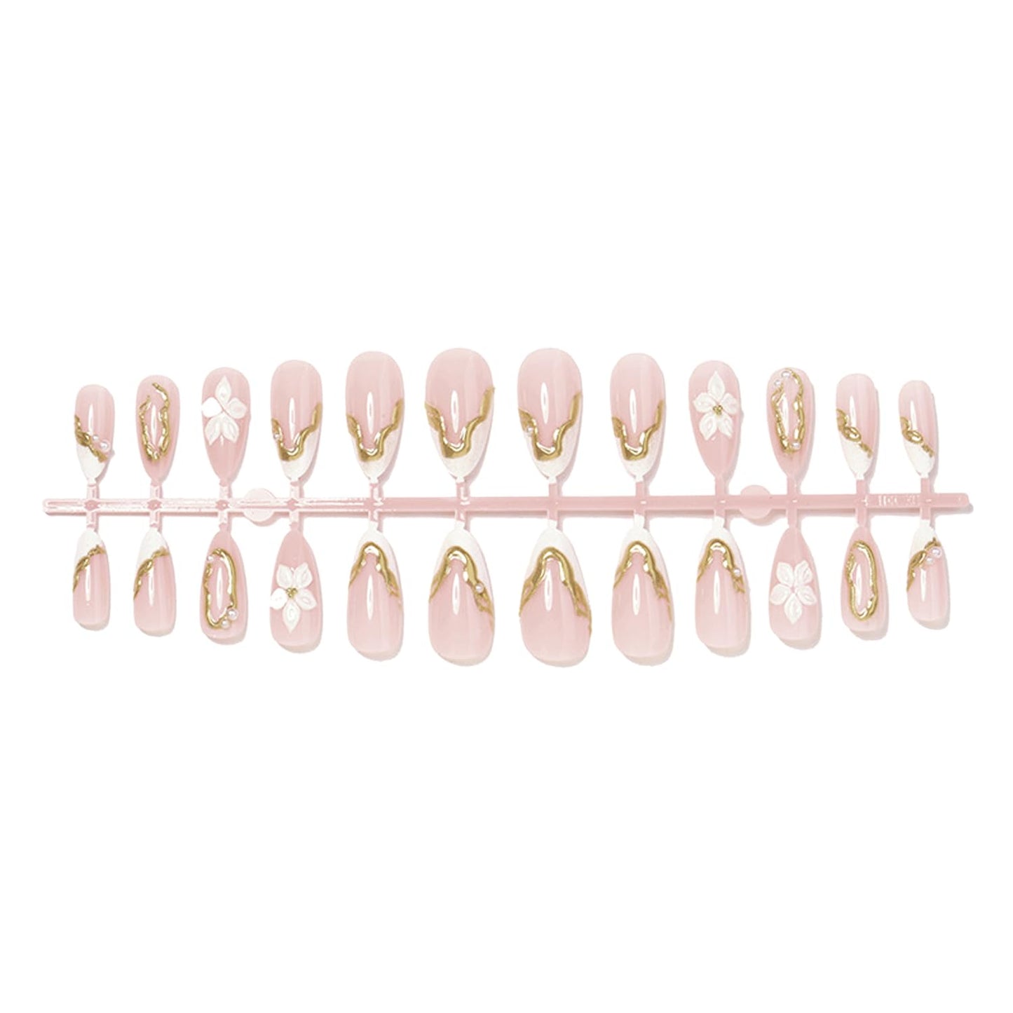 24Pcs White Flower Press on Nails Medium-Length Almond French Tip Fake Nails 3D Chrome Gold False Nails Gilded Line Gel Stick on Nails Nude Glossy Full Cover Cute Floral Acrylic Glue on Nail for Women