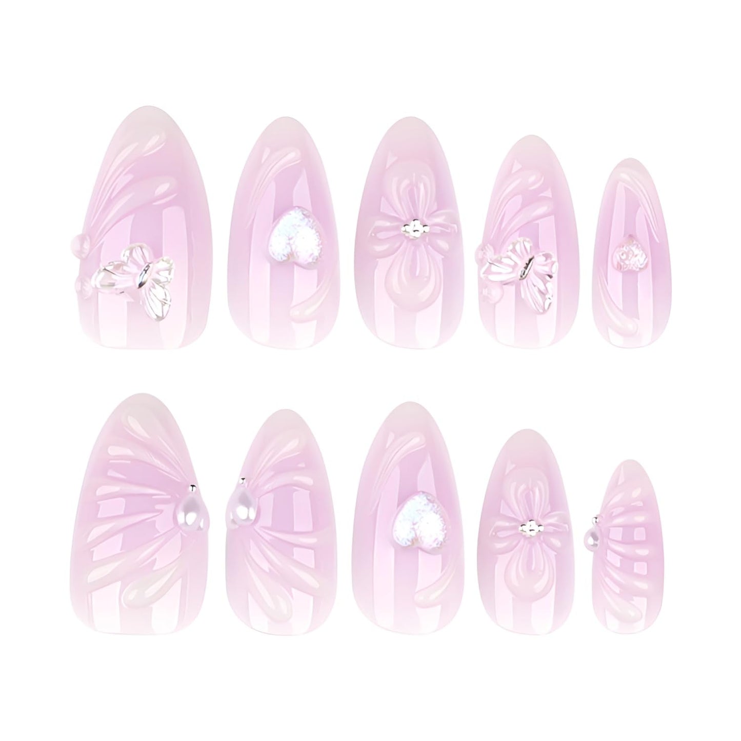 3D Flower Press on Nails Medium Almond Fake Nails Heart Butterfly Nails Press Ons Glossy Full Cover False Nails Purple Glue on Nail Acrylic Stick on Nails for Women Decorations Set 24Pcs