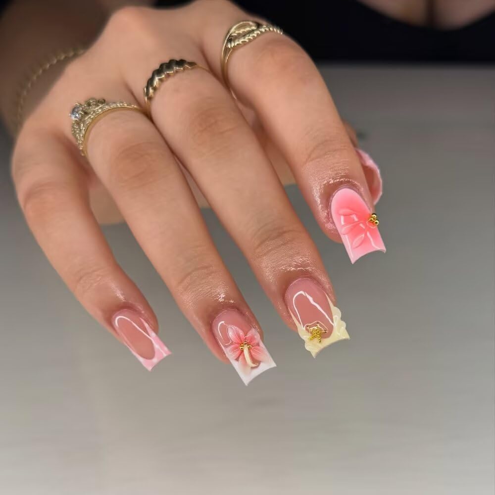 Spring Press On Nails MAGLFELL Handmade 10Pcs Short Fake Nails, 3D Carving Floral and Gold Plated Decoration Design, Reusable Acrylic Fingernail Salon Artificial Nails Kit (Size L)