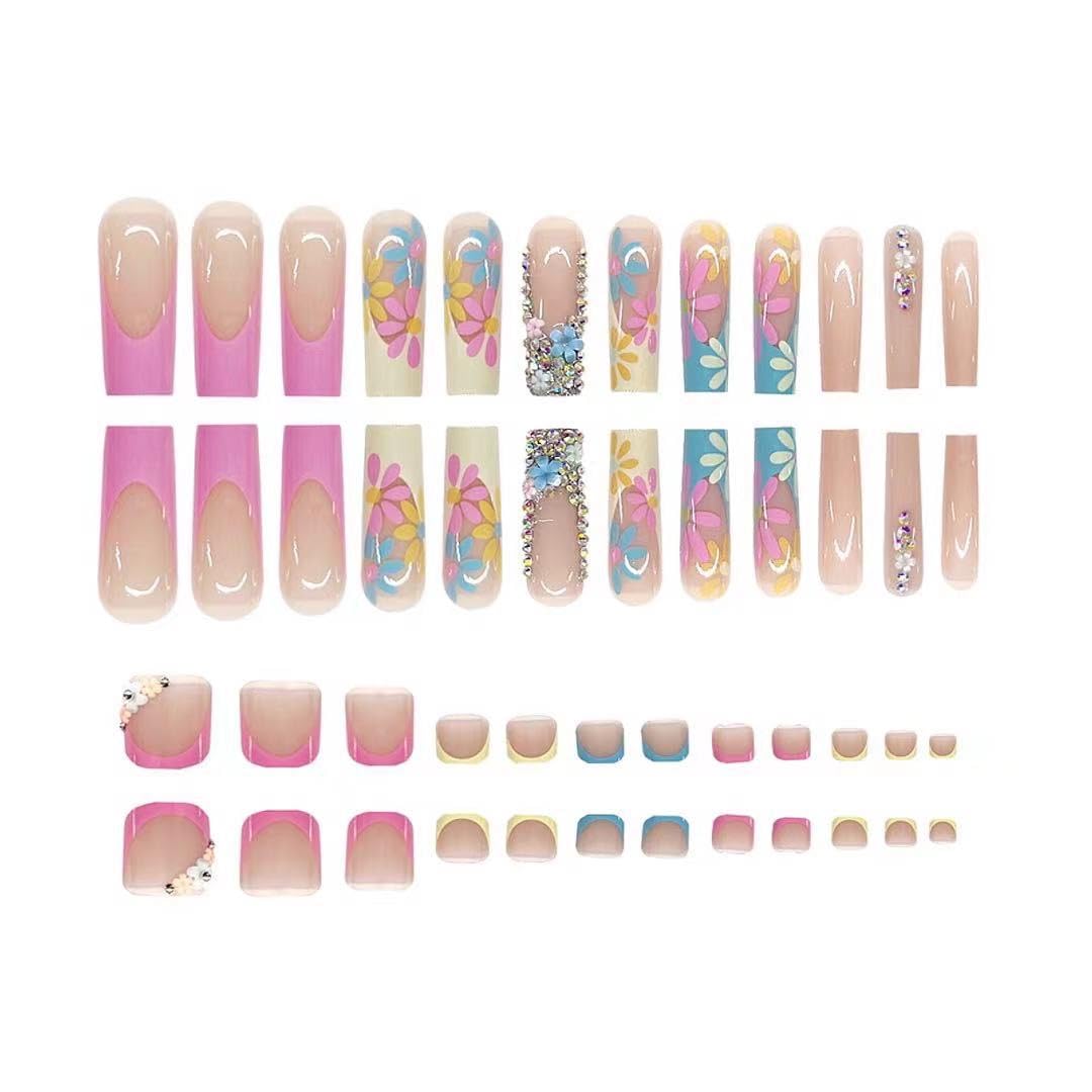 CTTHNBD Long Press on Nails Square & Press on Toenails Set, Colorful French Tip, Flower Fake Nails - Summer Press on Toenails - for Women 48 Pcs