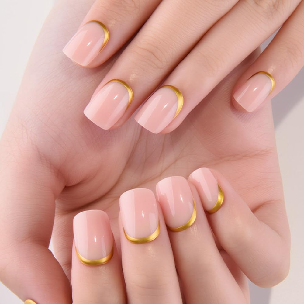 evpct Nude Glossy Press on Nails Short Square with 3D Gold Line, Glossy Ndue Fake Nails Reusable Acrylic False Nail Stick on Press ons for Women Gifts, Perfectly Fit False Nail Kit Gel 30Pcs