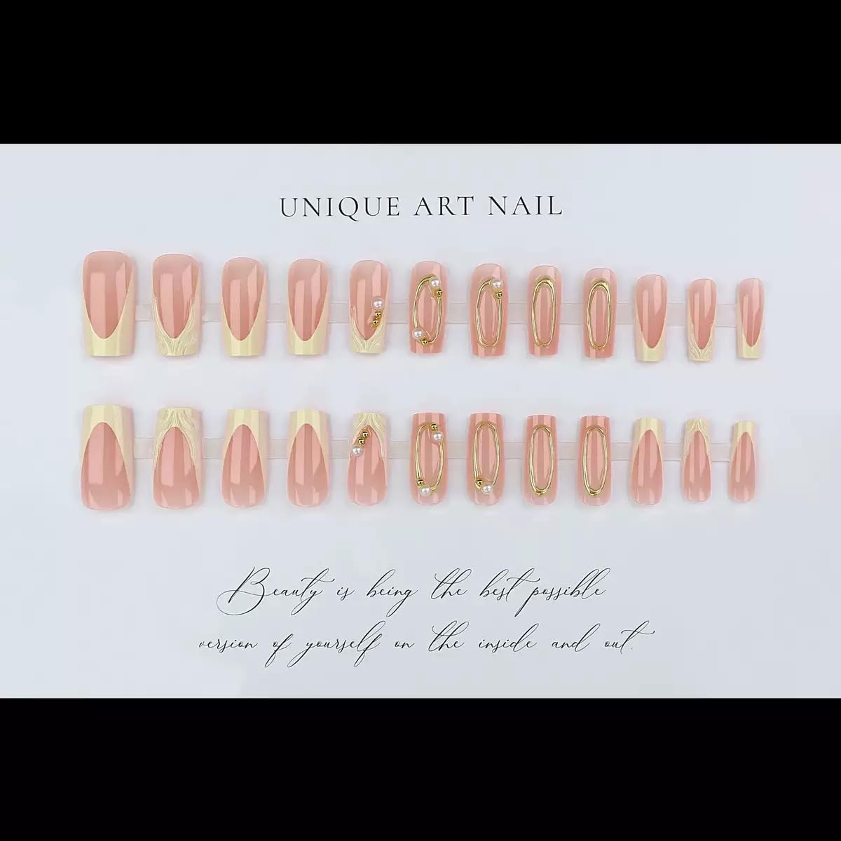 Medium Press on Nails Square - French Tip Fake Nails with Gold Line Design - 3D, Golssy Full Cover Stick on False Nails - for Women 24 Pcs