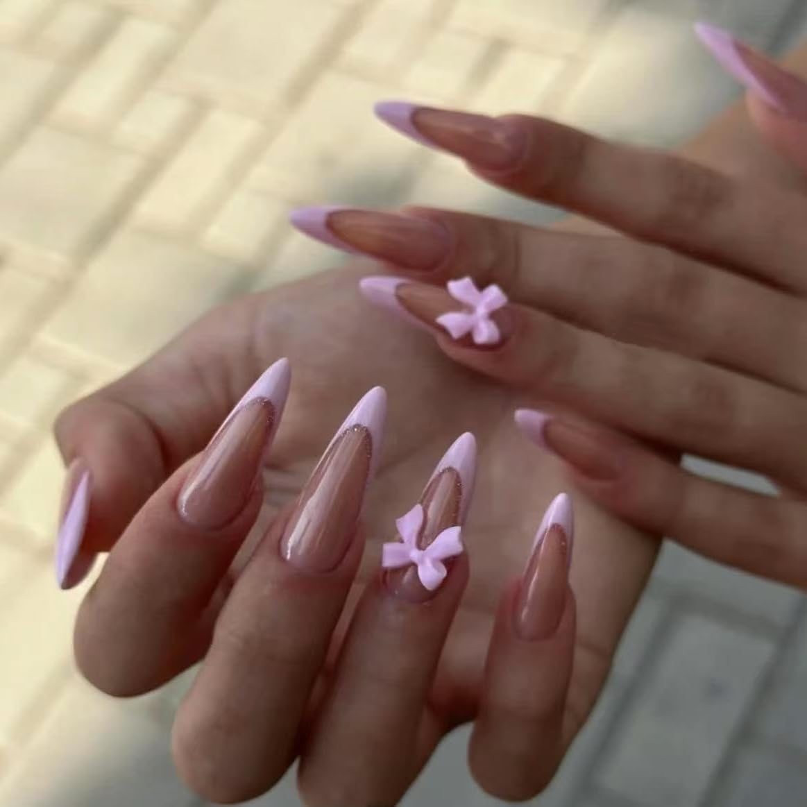 Handmade Pink French tip Press on Nails long style Almond Fake Nails with Glue Full Cover Glossy False Nails Stick on Nails for Women Manicure Aurora Powder Decoration Bow 10PCS (MT-127-M)