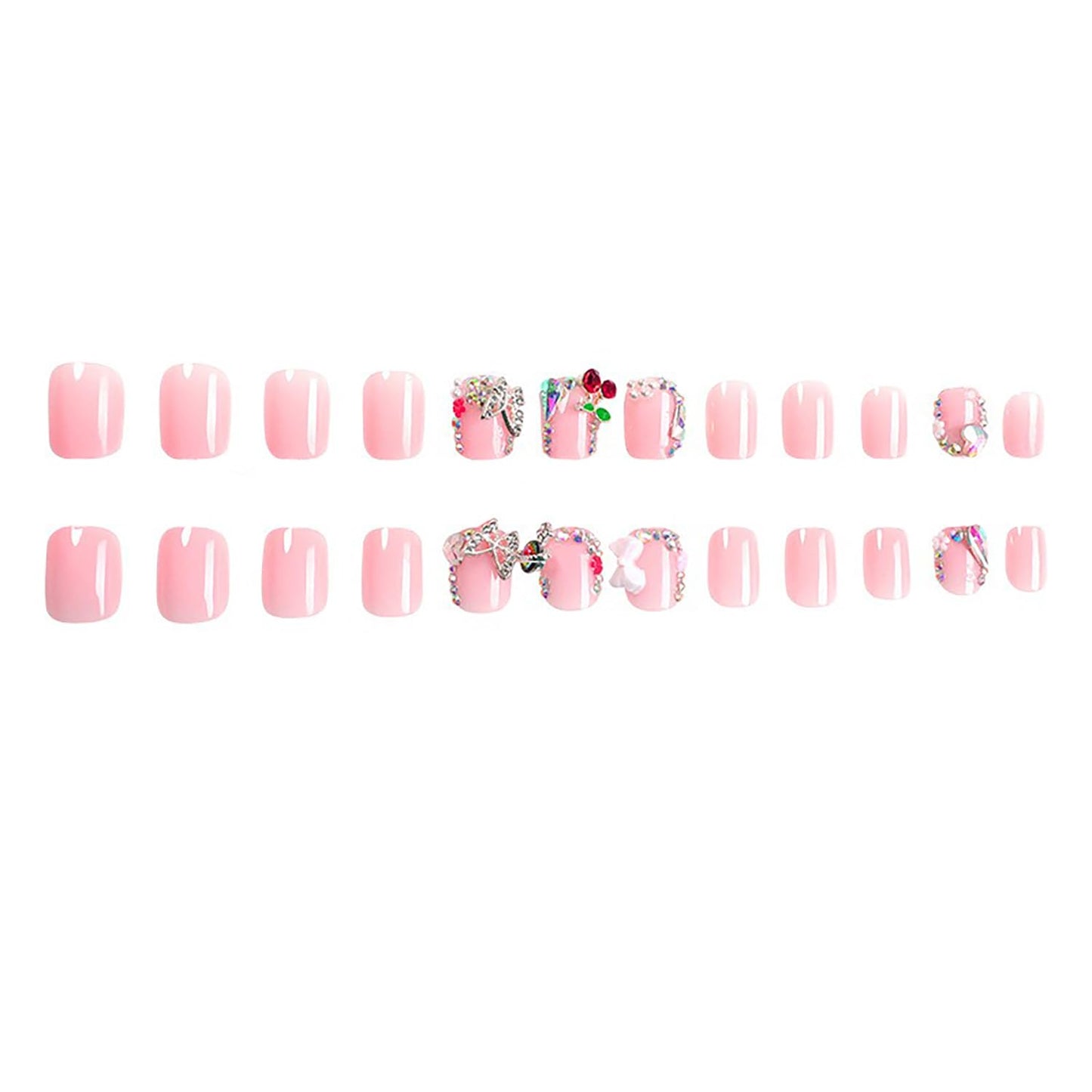 Nude Pink Press on Nails Short Square MABKJLF French Tip Fake Nails False Nails with Designs Bow Cherry Butterfly Flower Charm Rhinestones Glossy Glue on Nails Acrylic Nails for Women Girls 24 Pcs