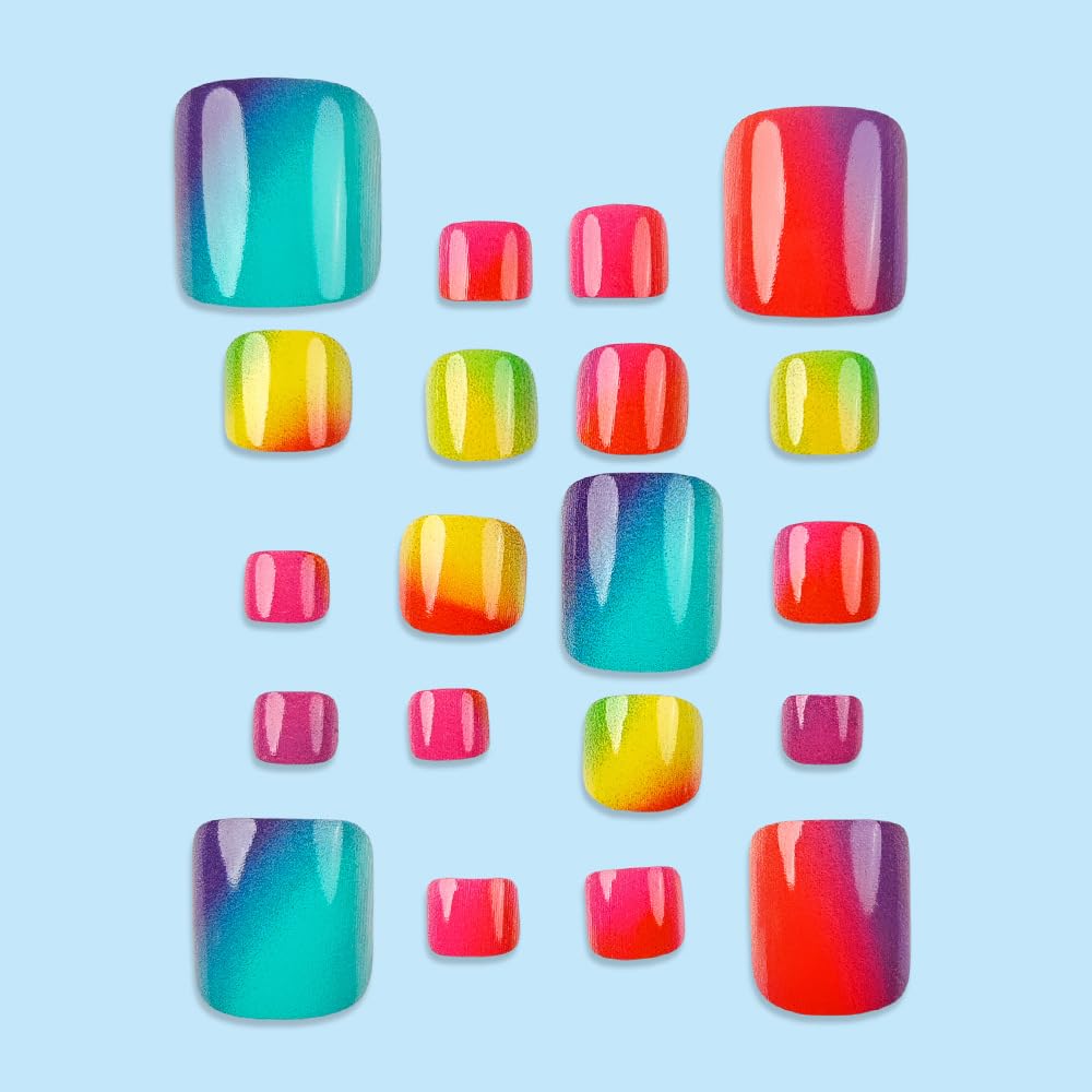 Colorful Press on Toenails Short Square Fake Toe Nails with Ombre Design Glossy Summer False Toenails Cute Spring Stick on Toenail Reusable Full Cover Glue on Toenail for Women Girls Manicure 24Pcs