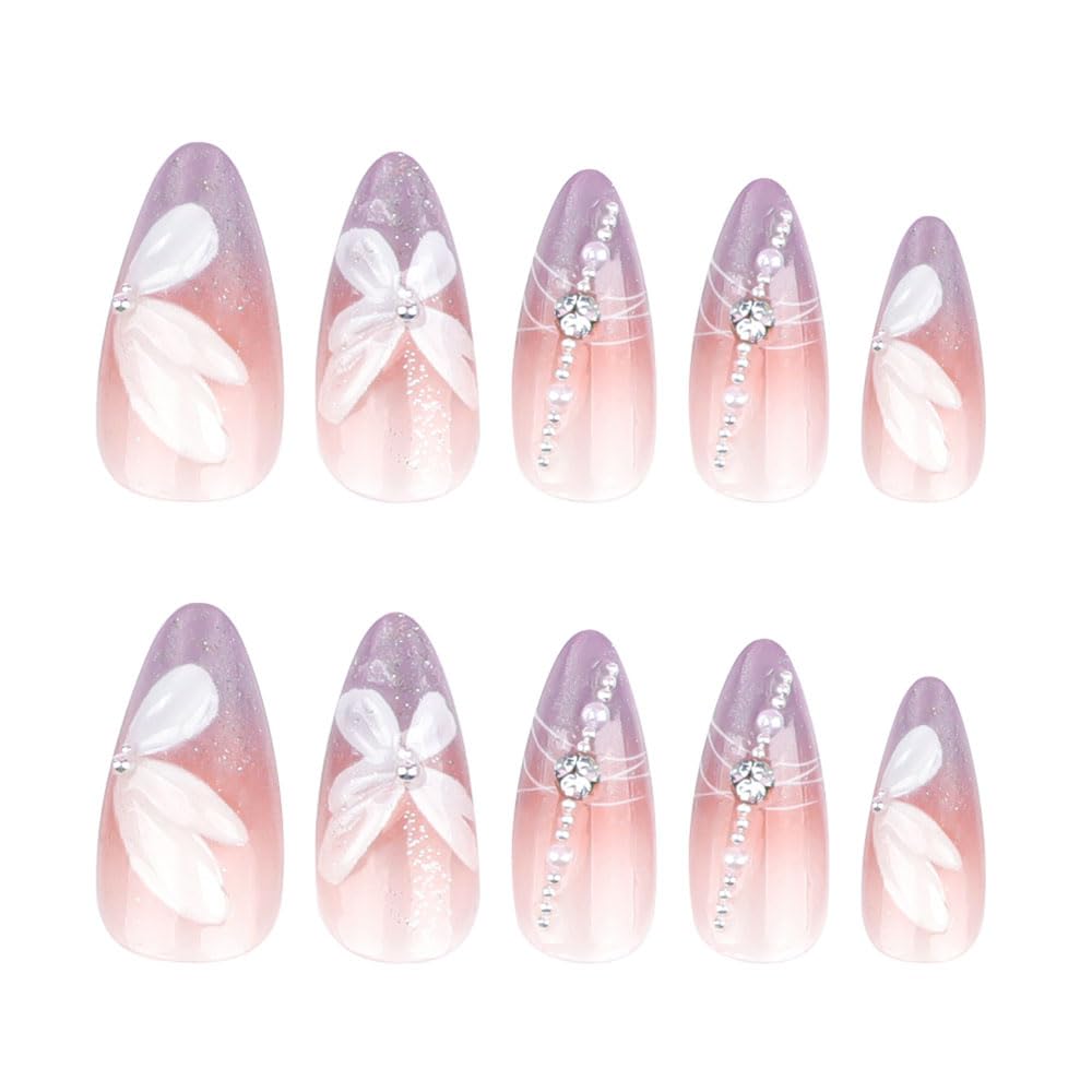 24Pcs Medium Almond Press on Nails - Pink Glitter Gradient Fake Nails with 3D White Butterfly Rhinestone Pearl Design Glossy Full Cover Acrylic Nails Reusable False Nails for Women Wedding Daily Wear